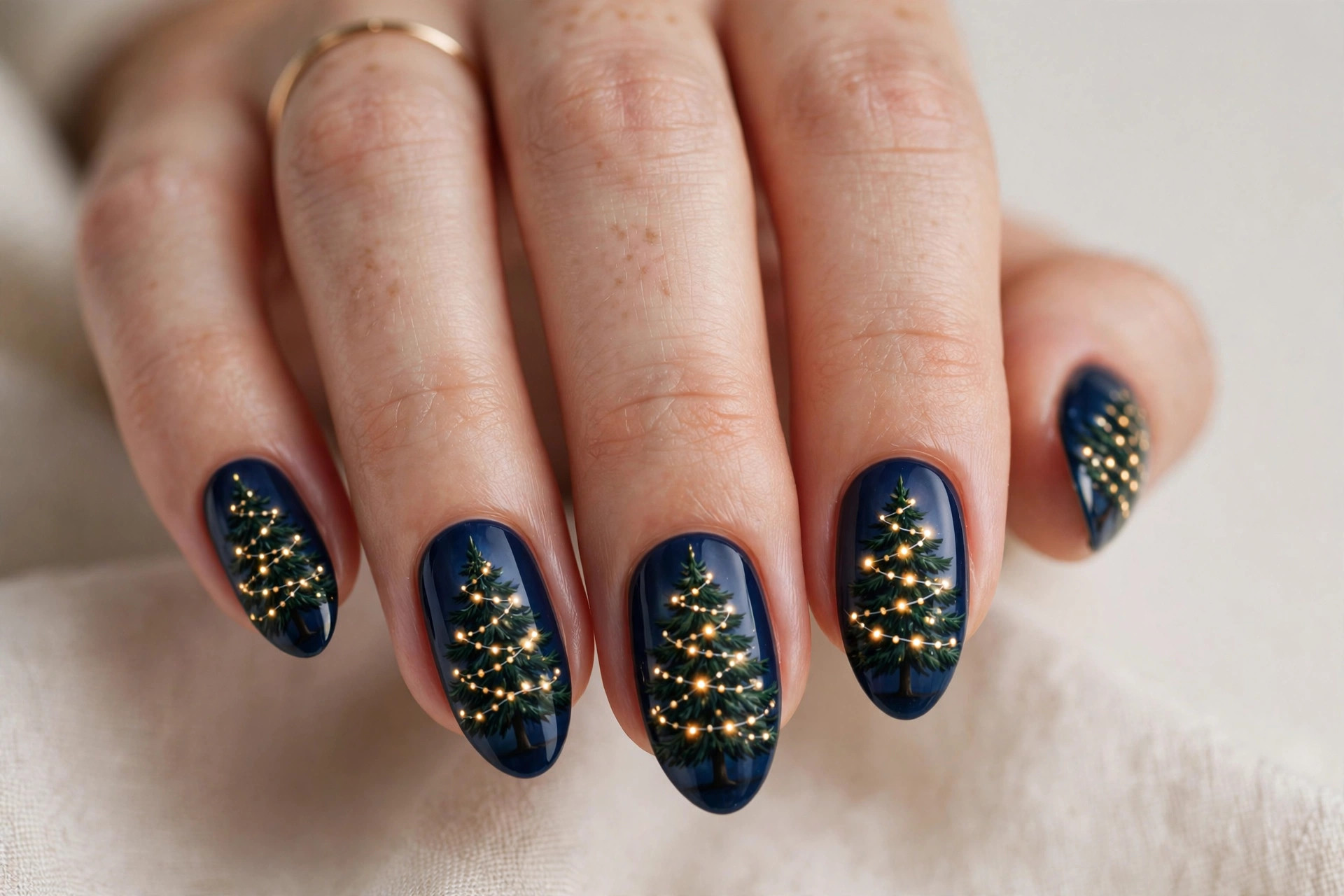 Christmas tree wrapped in glowing string lights nail art on midnight blue base