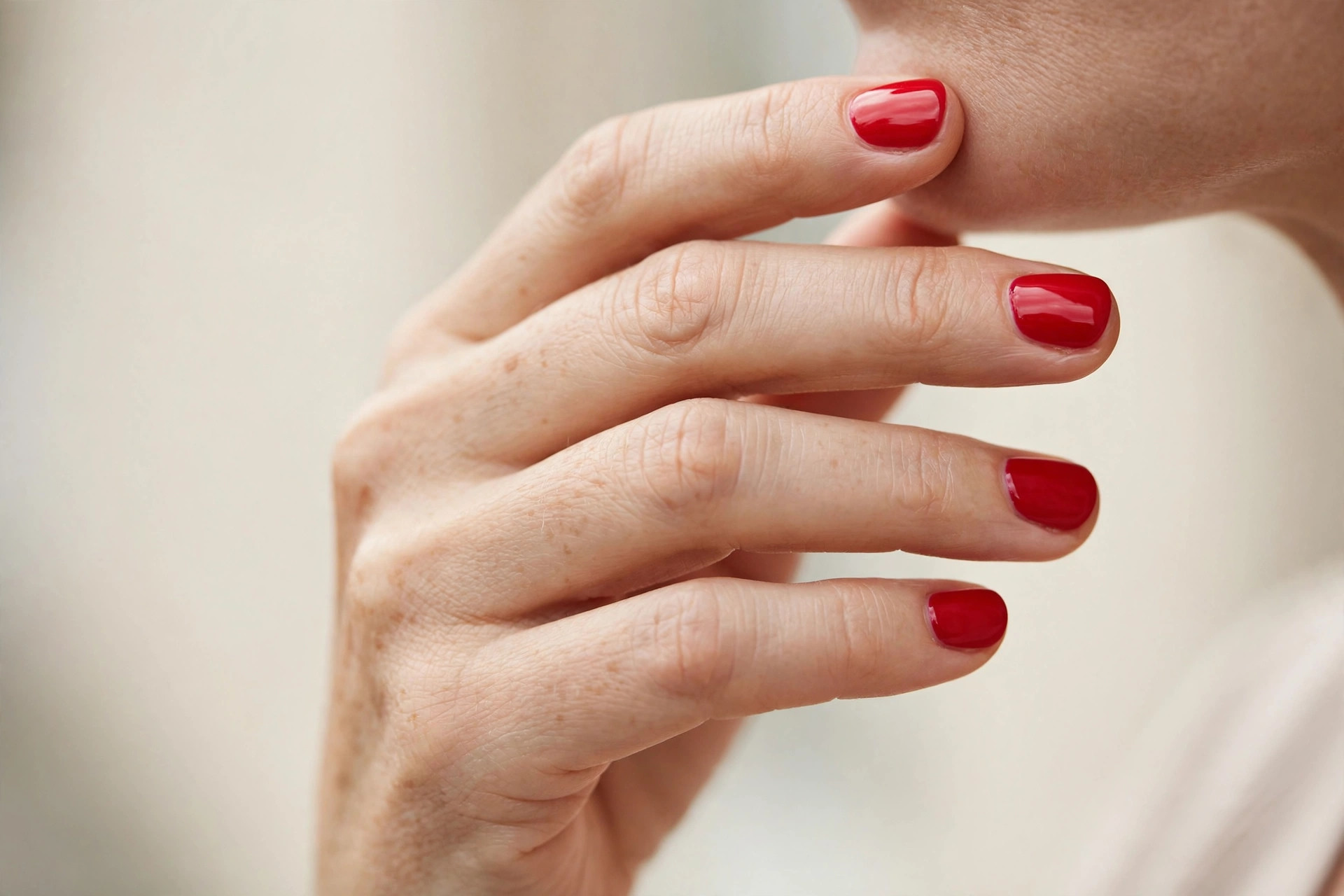 Cherry red short round nails with glossy vivid red polish