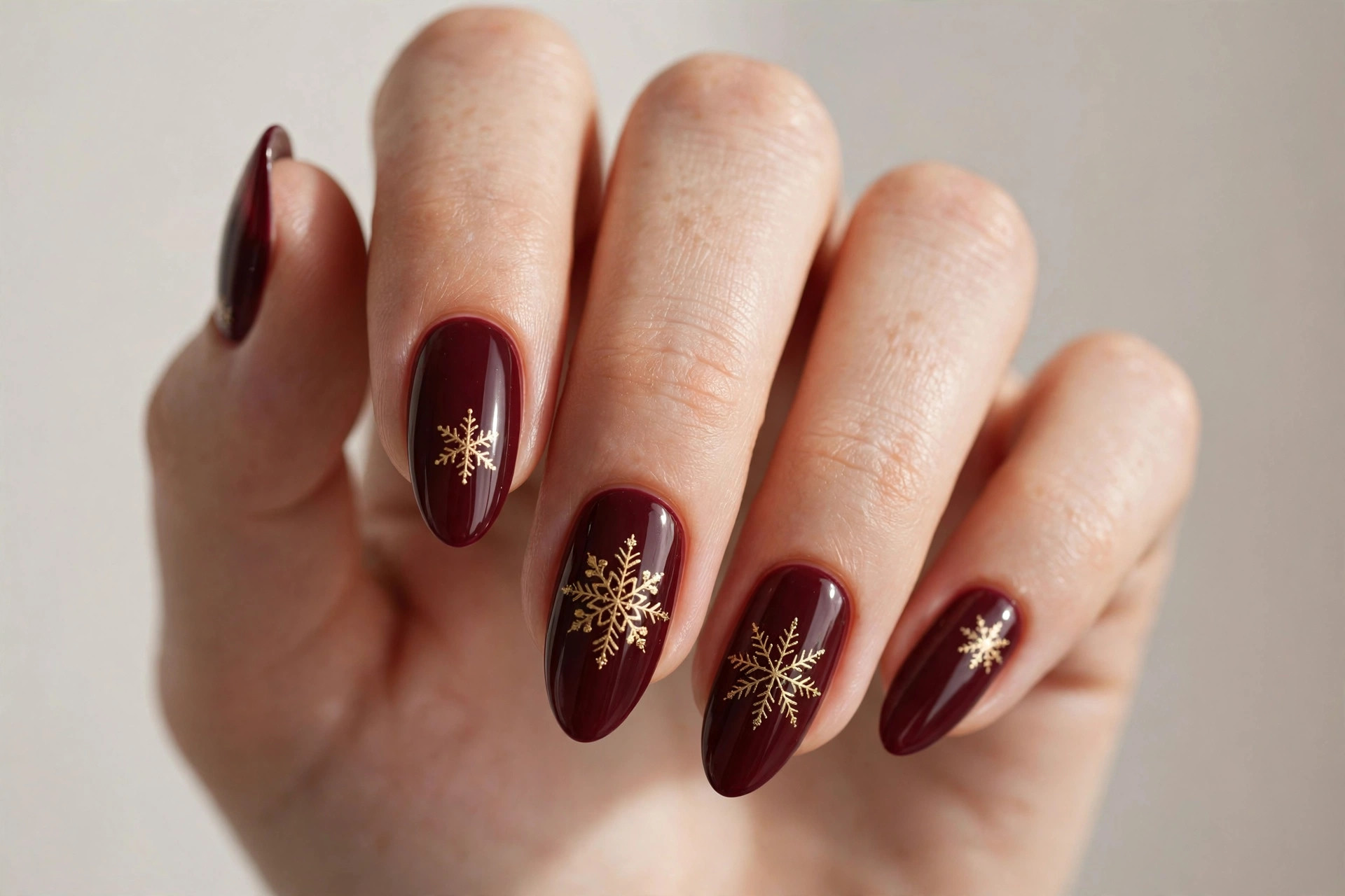 Close-up of a woman's hand with burgundy nails and gold snowflake nail art