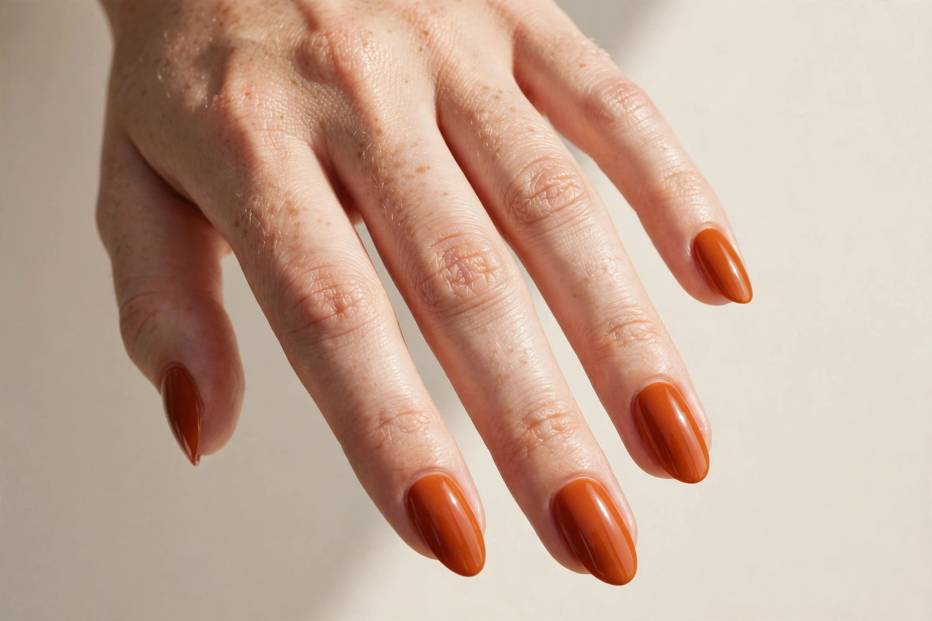 Burnt orange solid color manicure on almond shaped nails