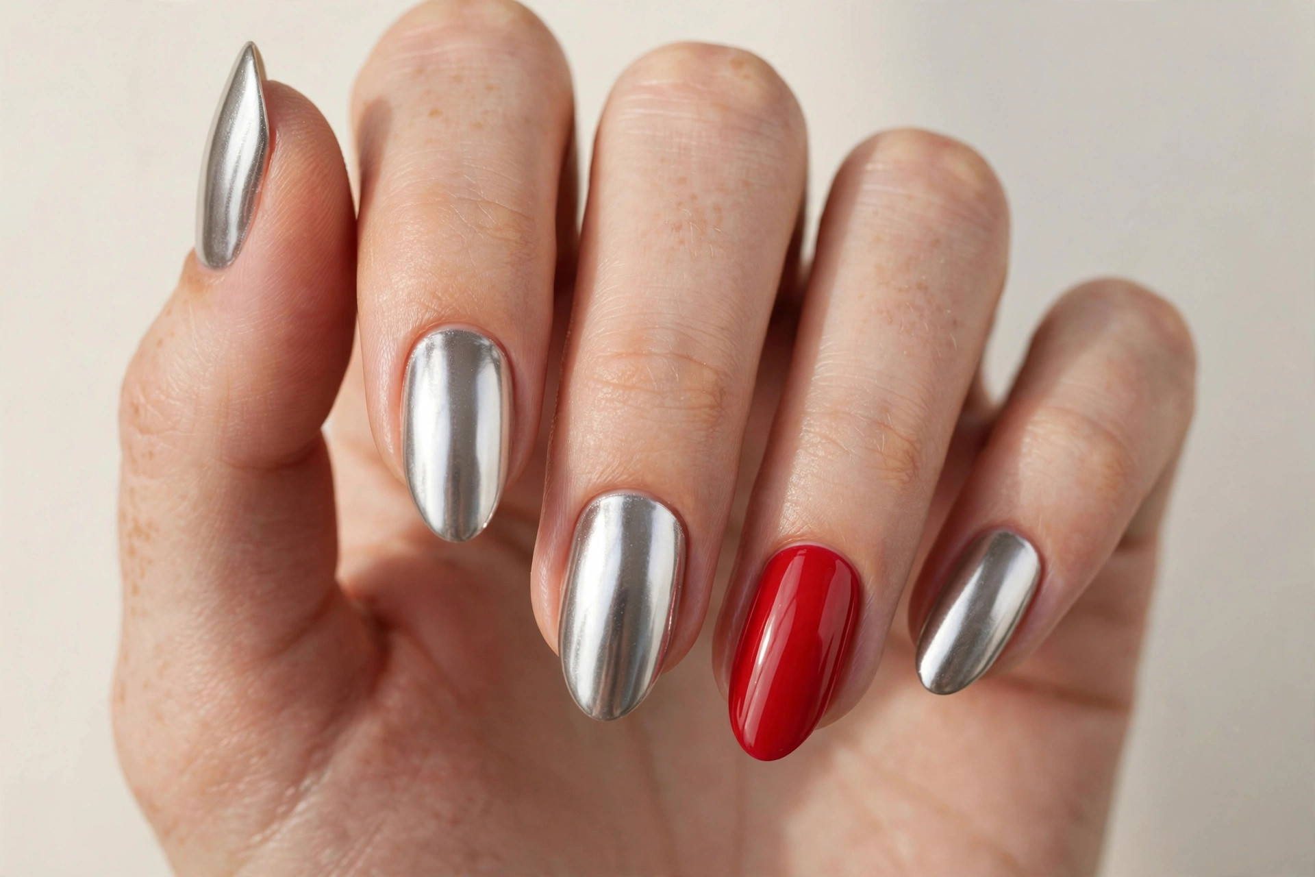 Close-up of a woman's hand with silver chrome mirror nails and one red accent nail