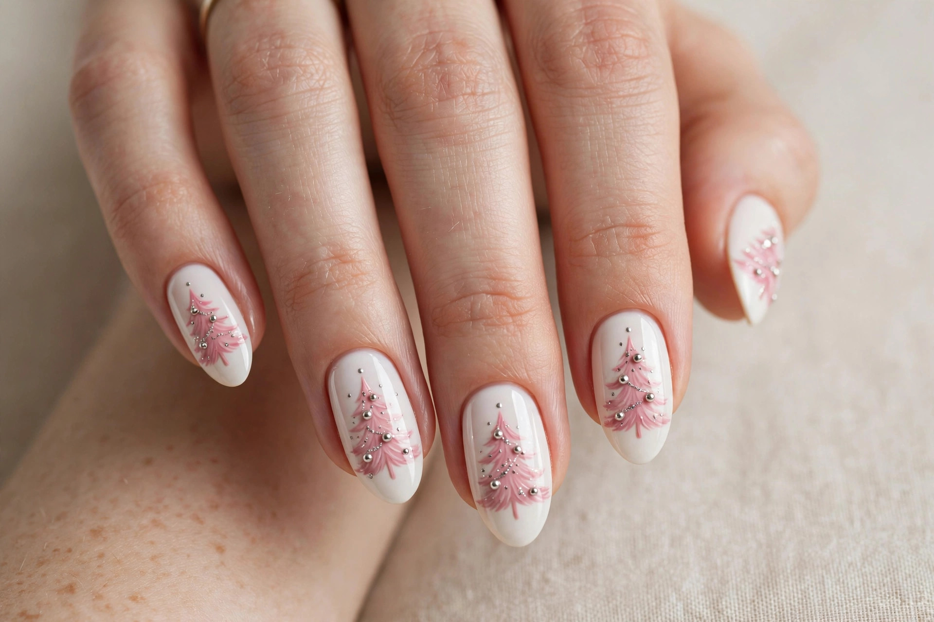 Playful pink Christmas tree nail art with silver baubles on white base