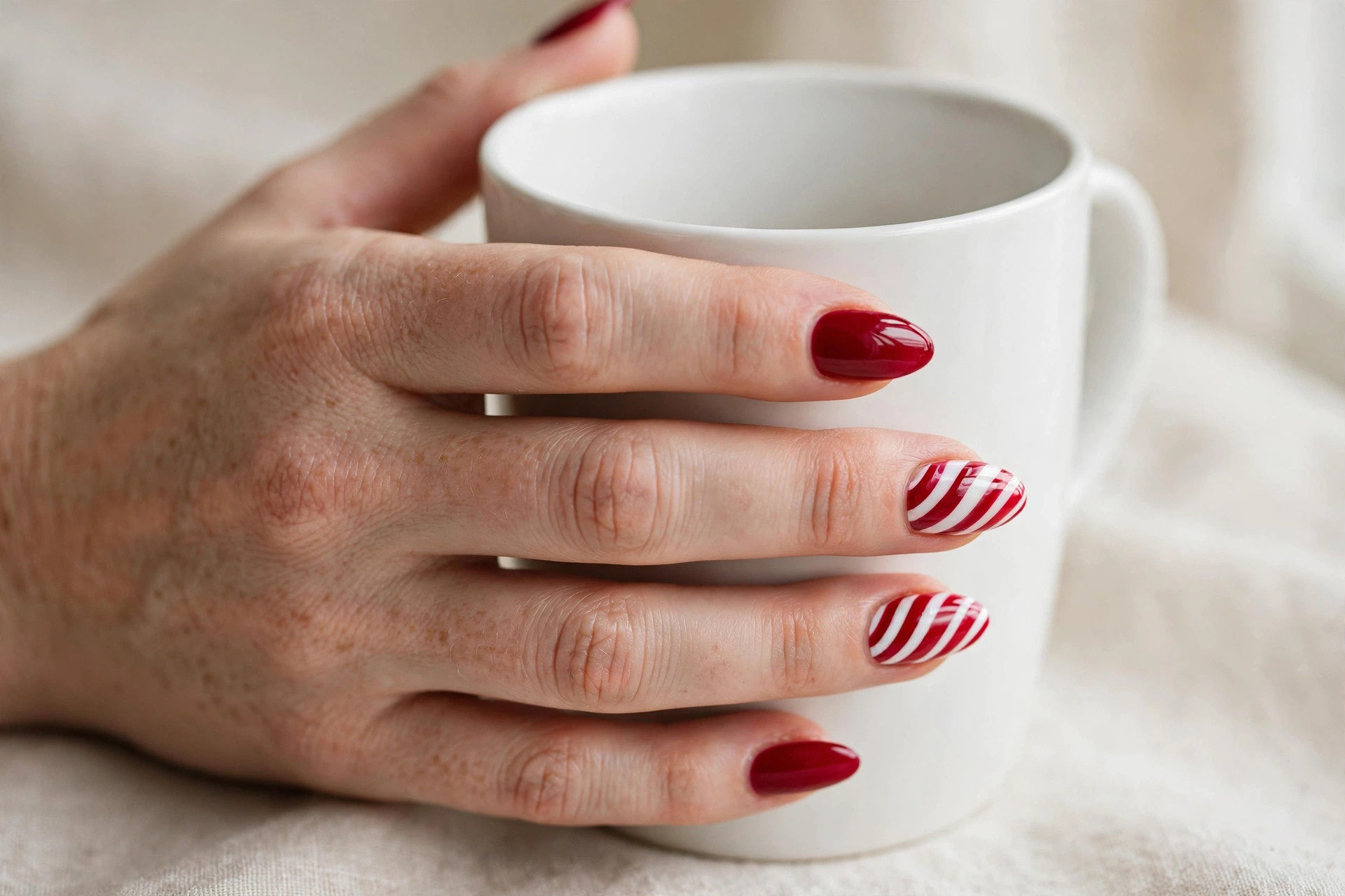 Red nails with white candy cane stripe accent nails