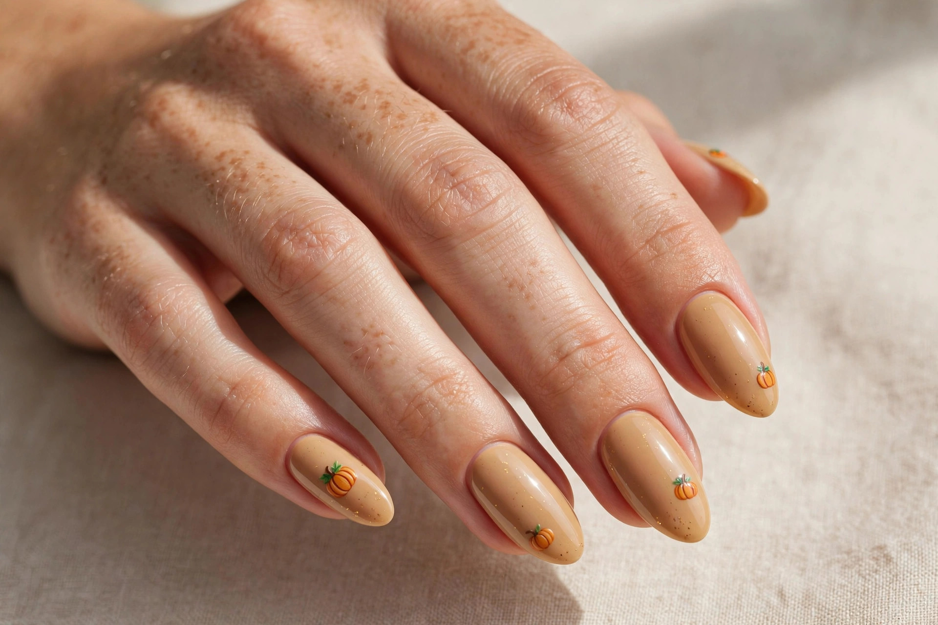 Pumpkin spice latte inspired nails with creamy caramel base and tiny pumpkin art