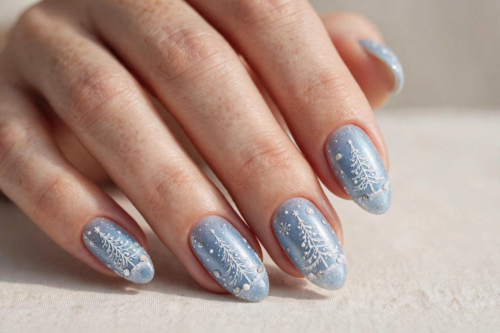 White Christmas tree nail art on icy blue frosty base