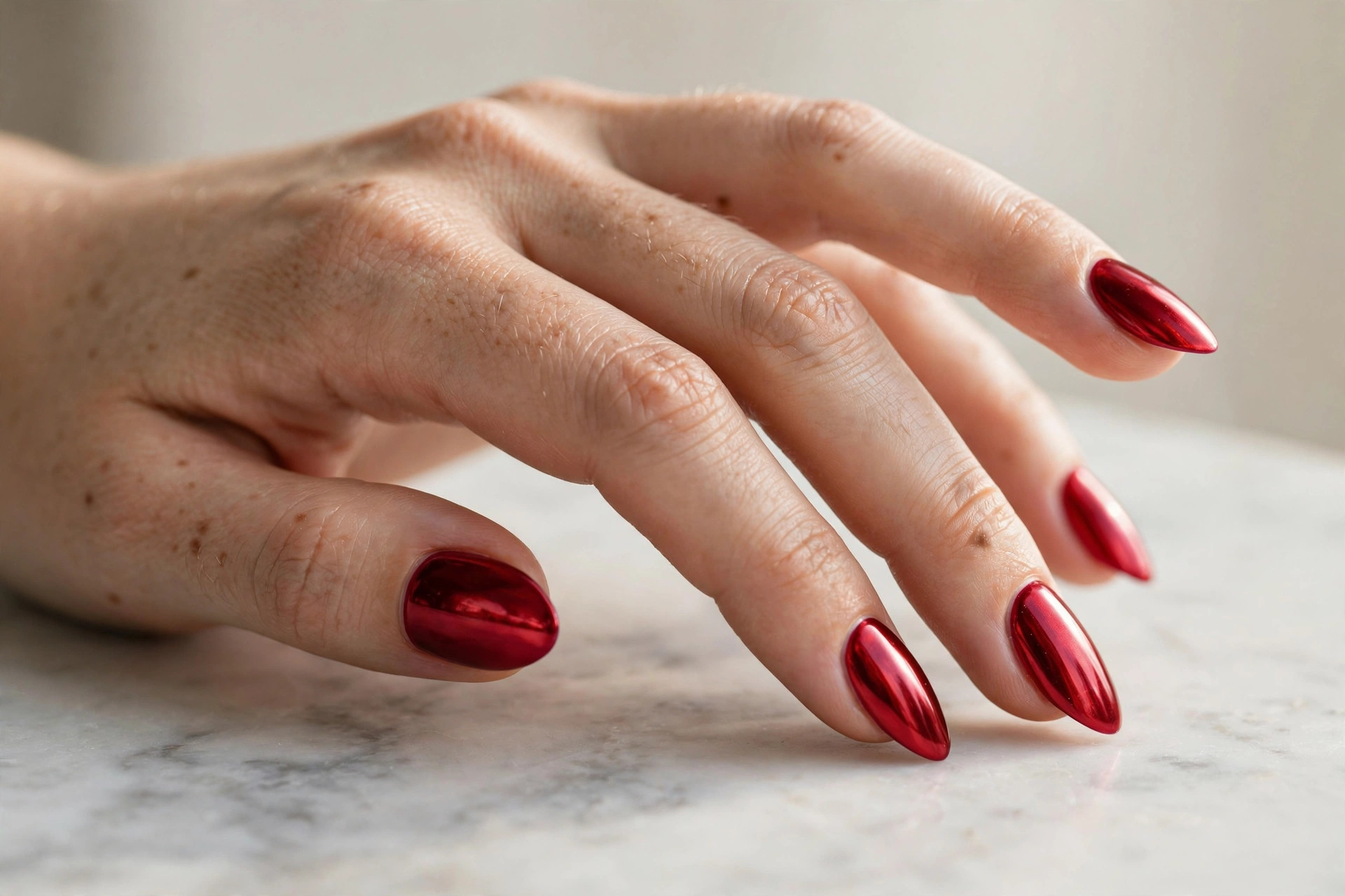 Ruby red chrome nails with mirror-like metallic finish