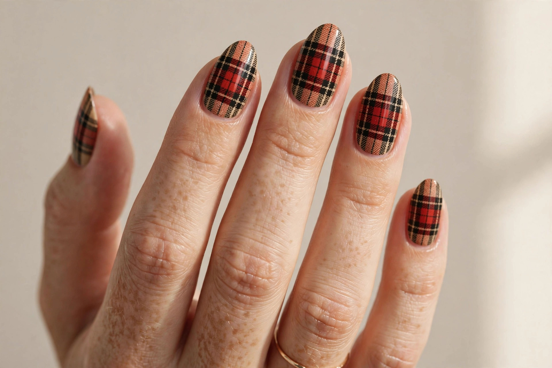 Fall plaid checkered nail art in red black and beige on almond nails