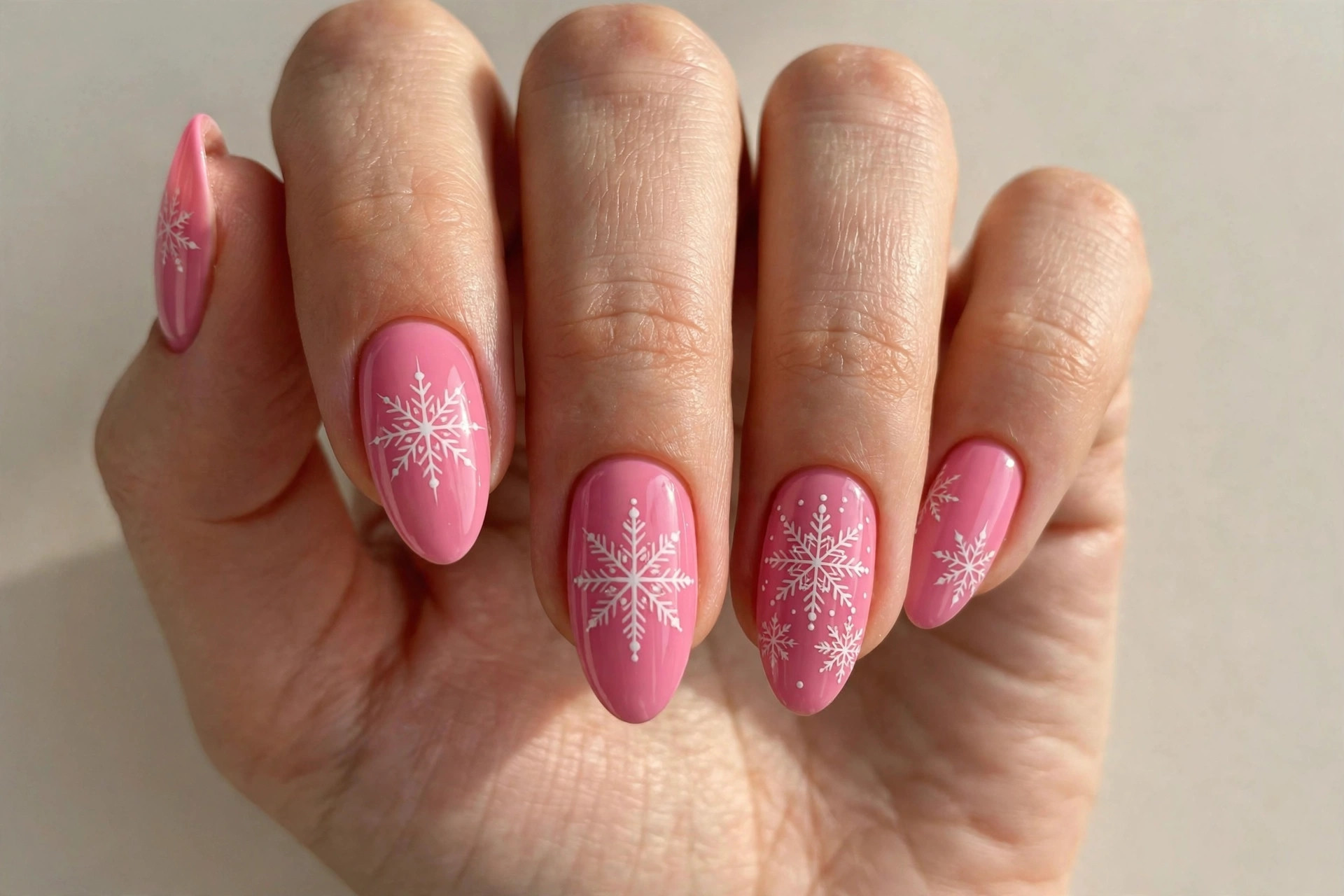 Close-up of a woman's hand with candy pink nails and white snowflake nail art