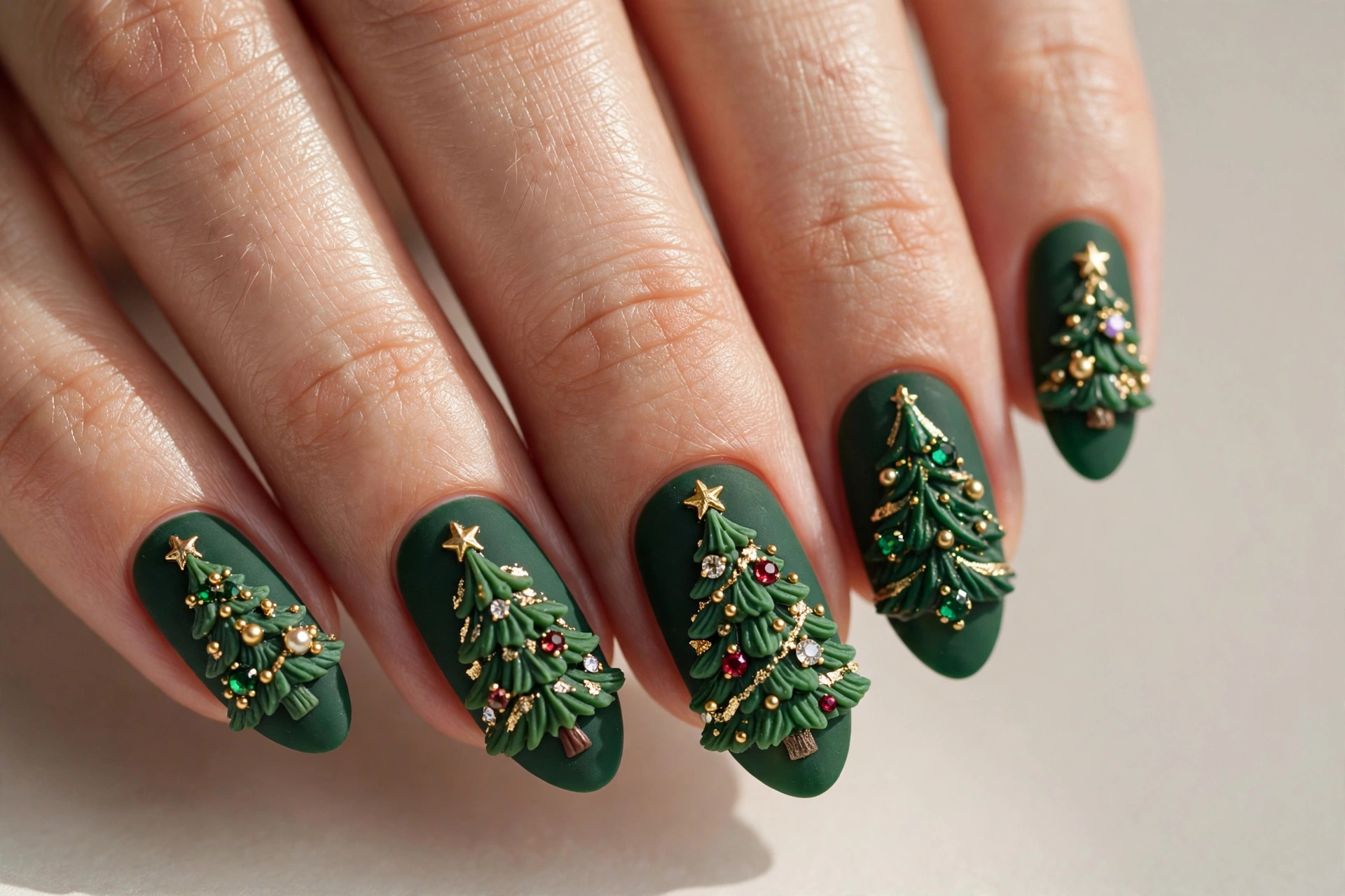 3D Christmas tree nail art with gem ornaments and gold accents