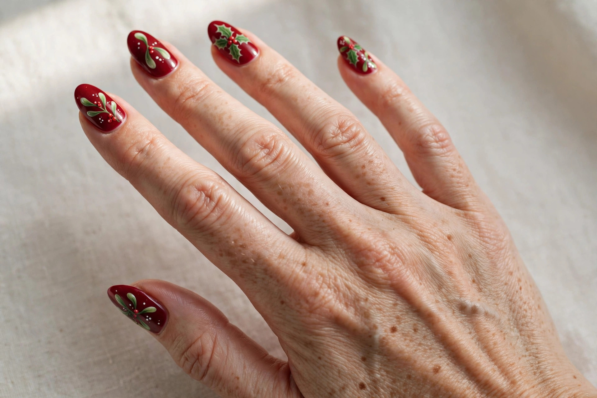 Red nails with hand-painted holly leaves and berry accents