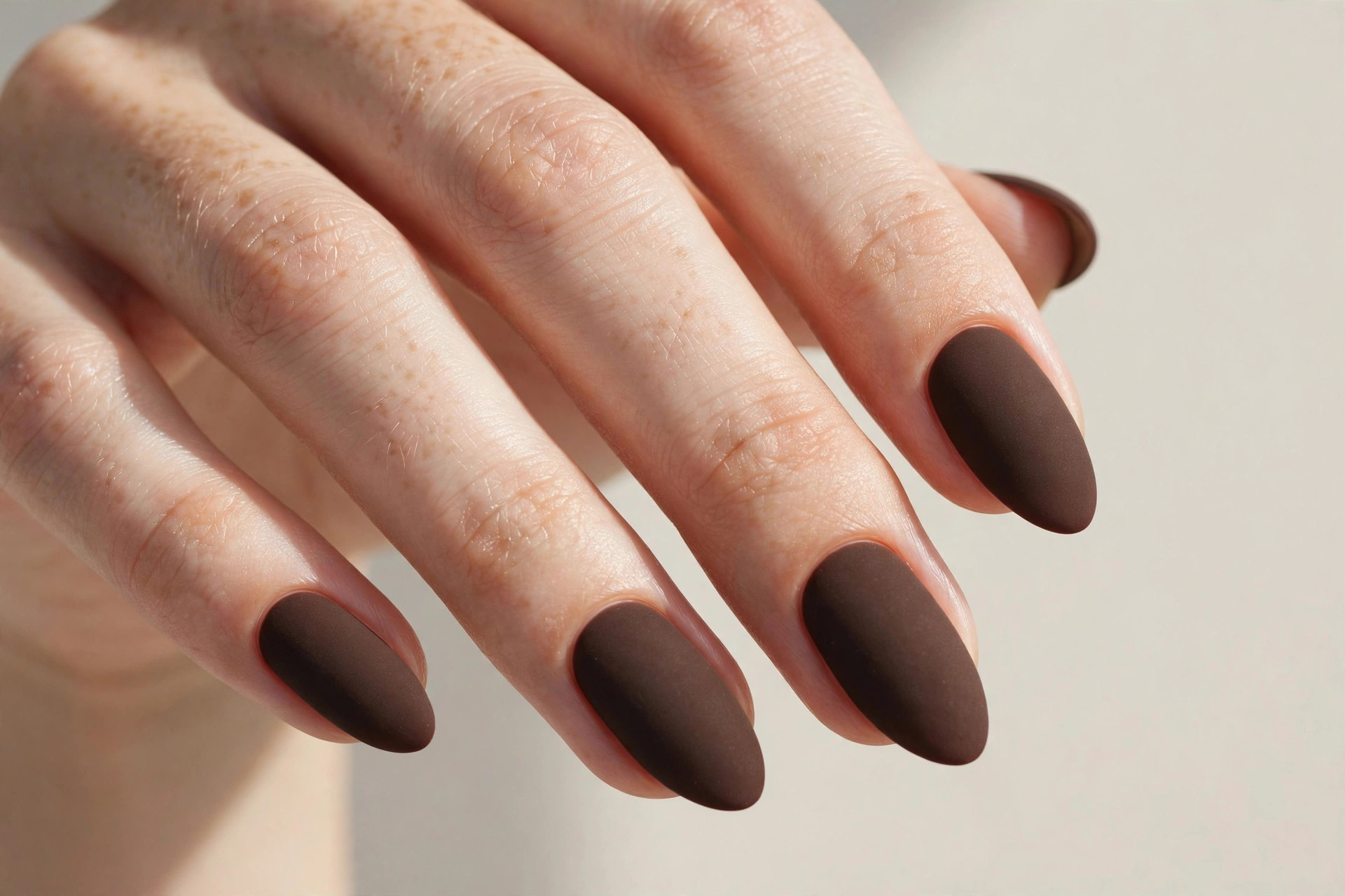 Matte espresso brown manicure with velvet matte finish on almond nails