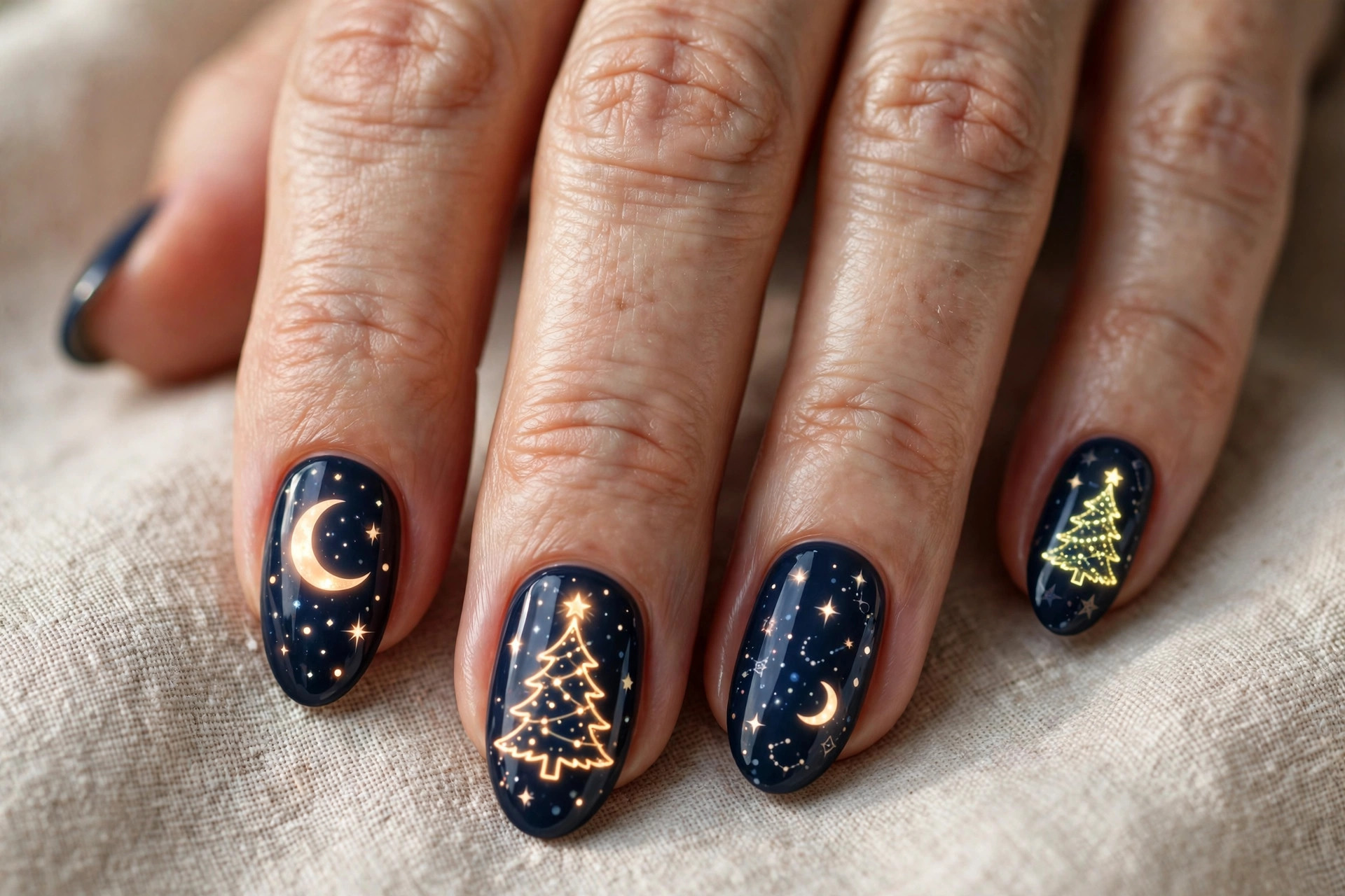 Christmas tree silhouette at night nail art with moon on dark navy base