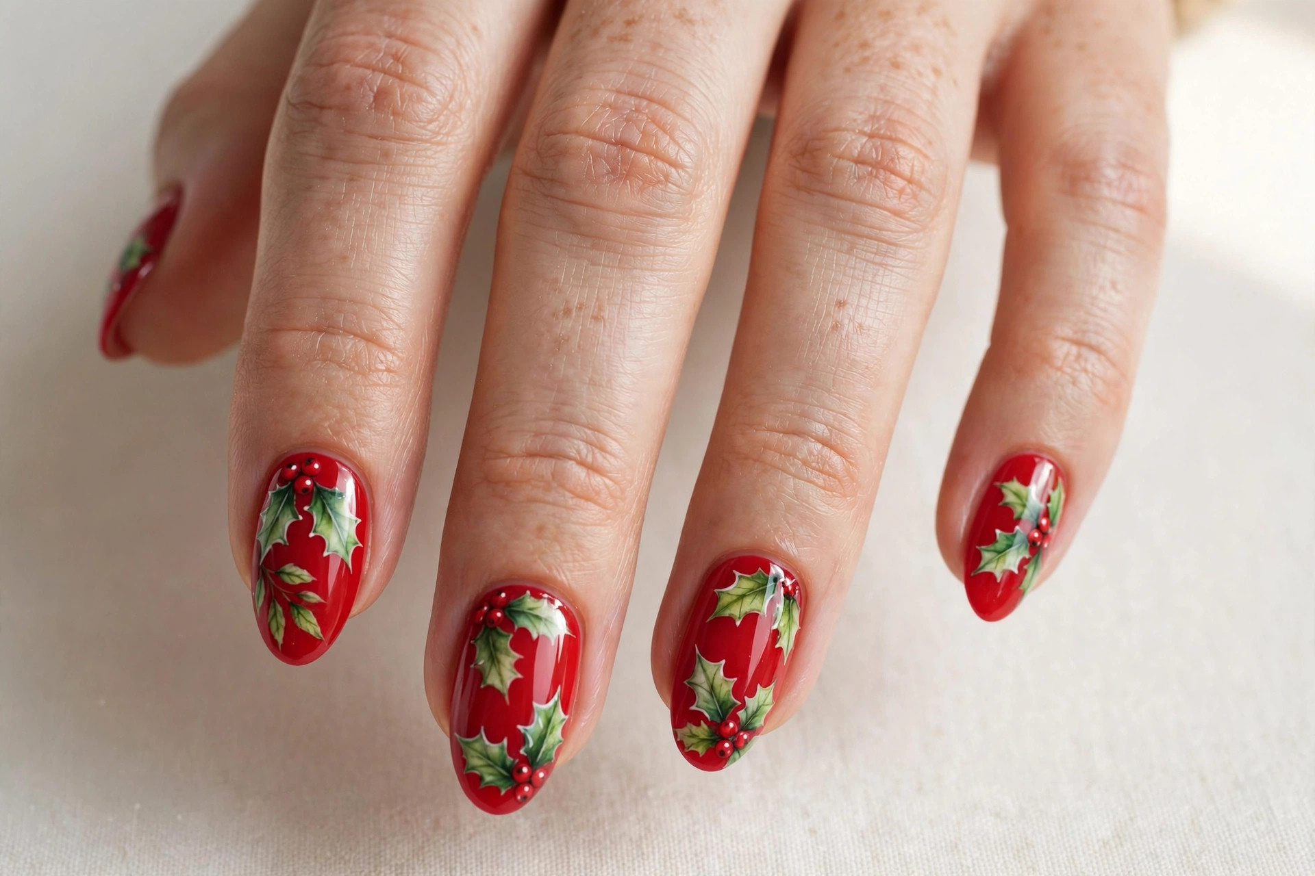 Close-up of a woman's hand with glossy red nails and hand-painted holly berries and green leaves