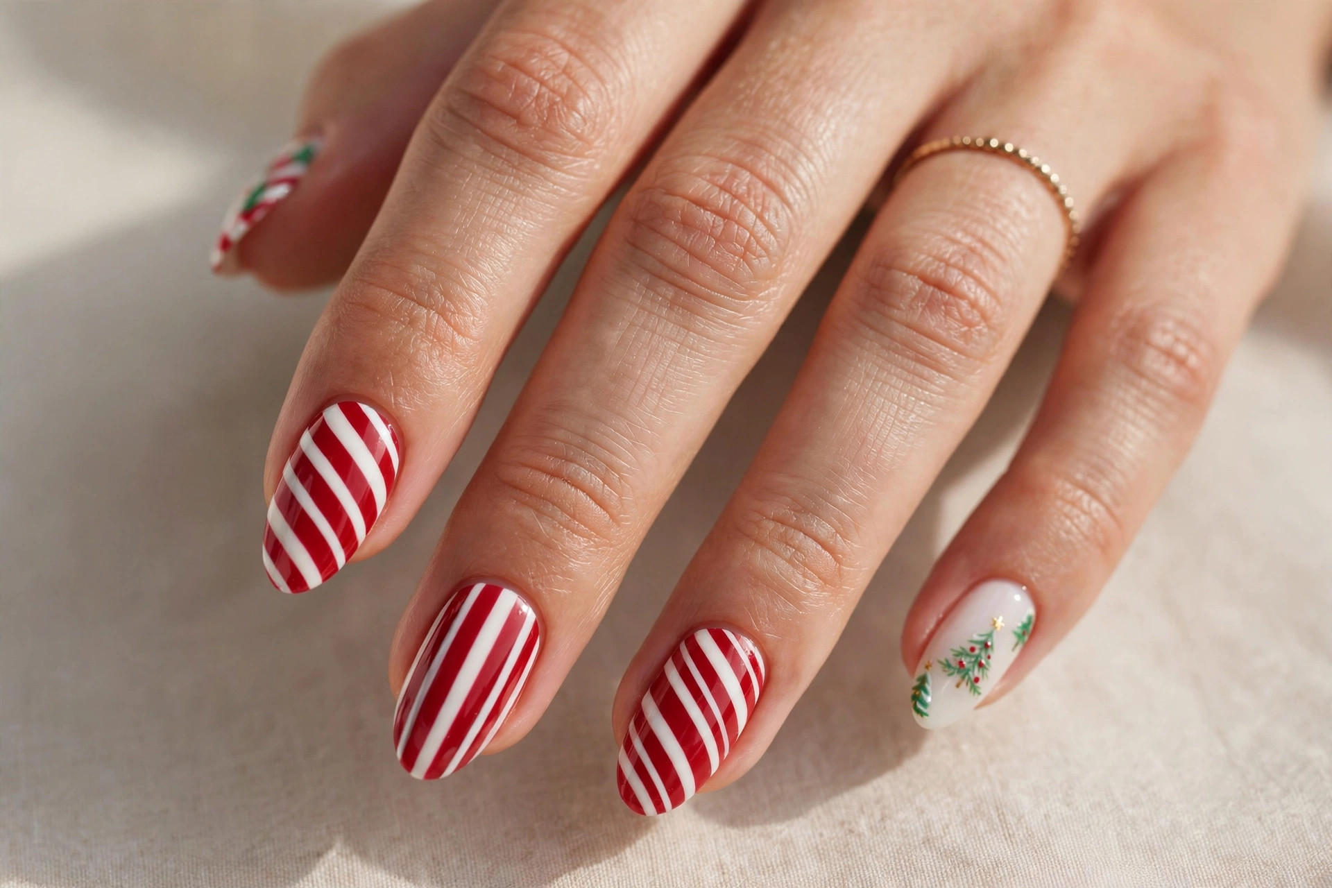 Christmas tree and candy cane striped combination nail art