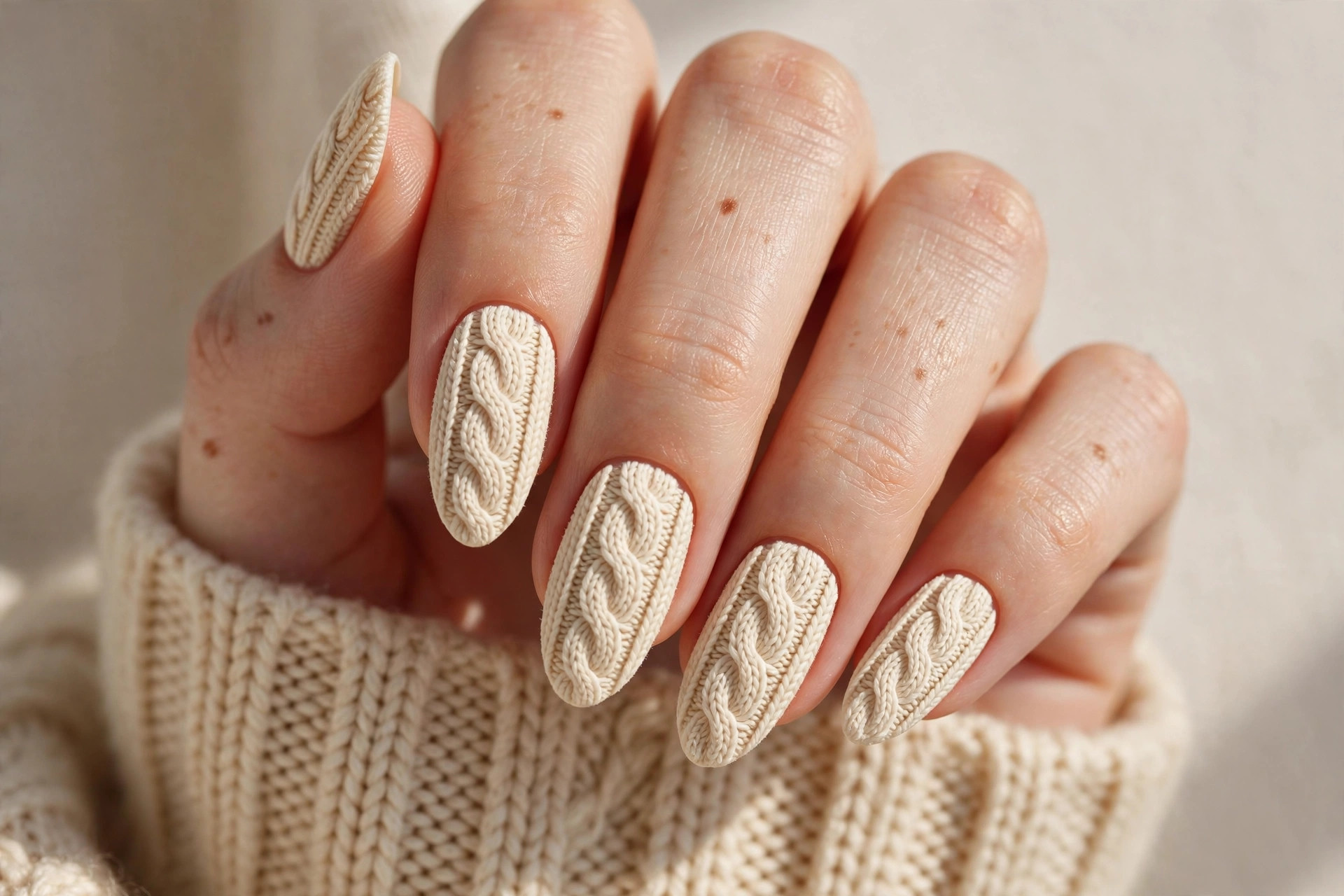 Cozy sweater knit cable texture nails in warm cream on almond nails