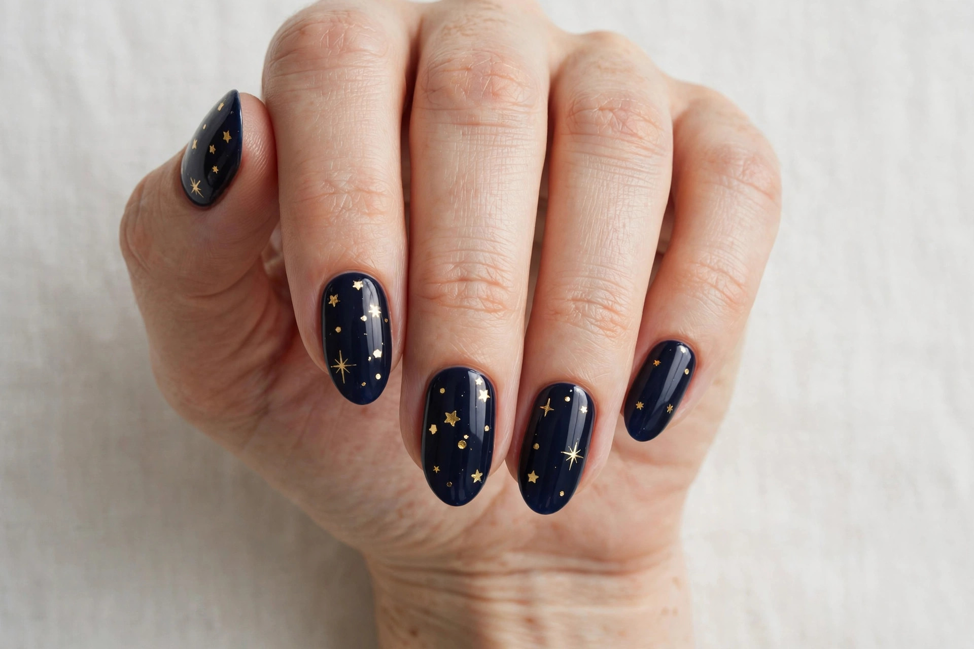 Close-up of a woman's hand with midnight navy nails and tiny gold stars