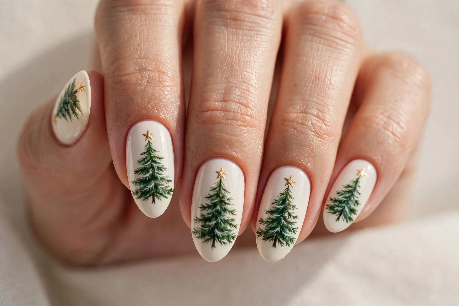 Forest green Christmas trees with golden star toppers on ivory base