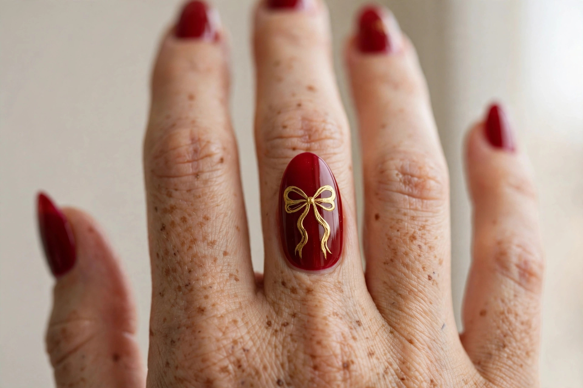 Festive red nails with hand-painted gold gift bow accent nail
