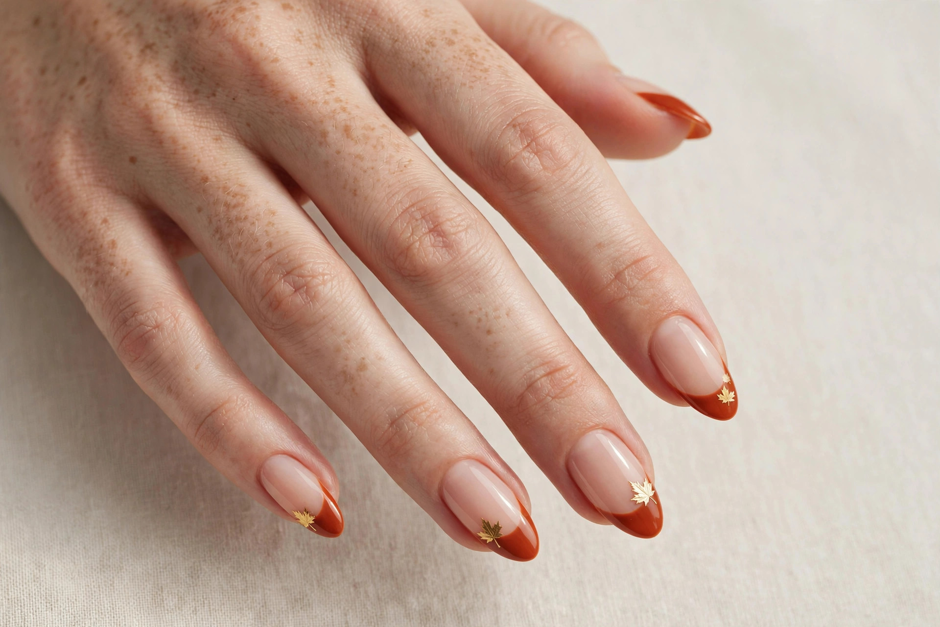 French tip manicure with burnt orange tips and tiny gold maple leaf accents