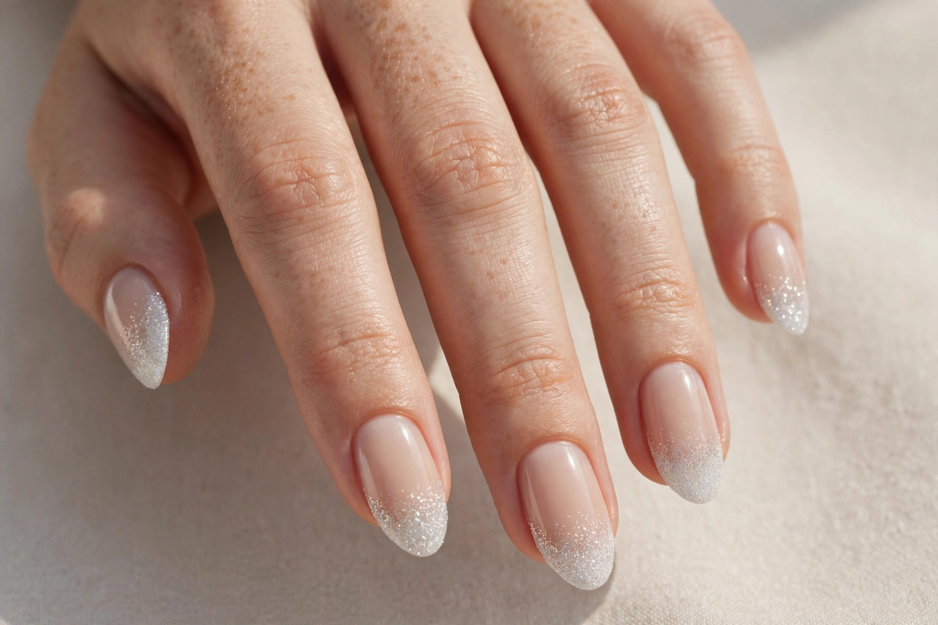 Close-up of a woman's hand with frosty French tip nails, nude base with white glitter tips
