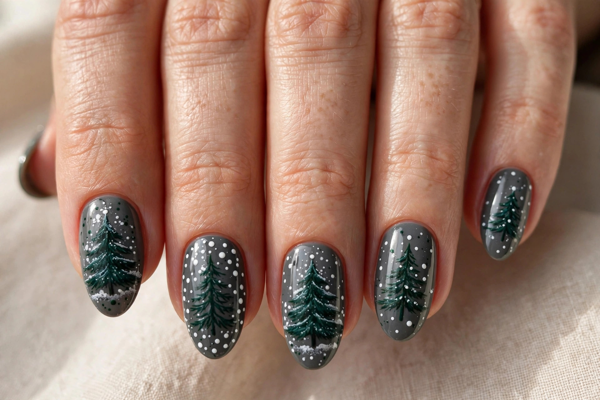 Christmas tree nail art with white snowfall dots on charcoal grey base