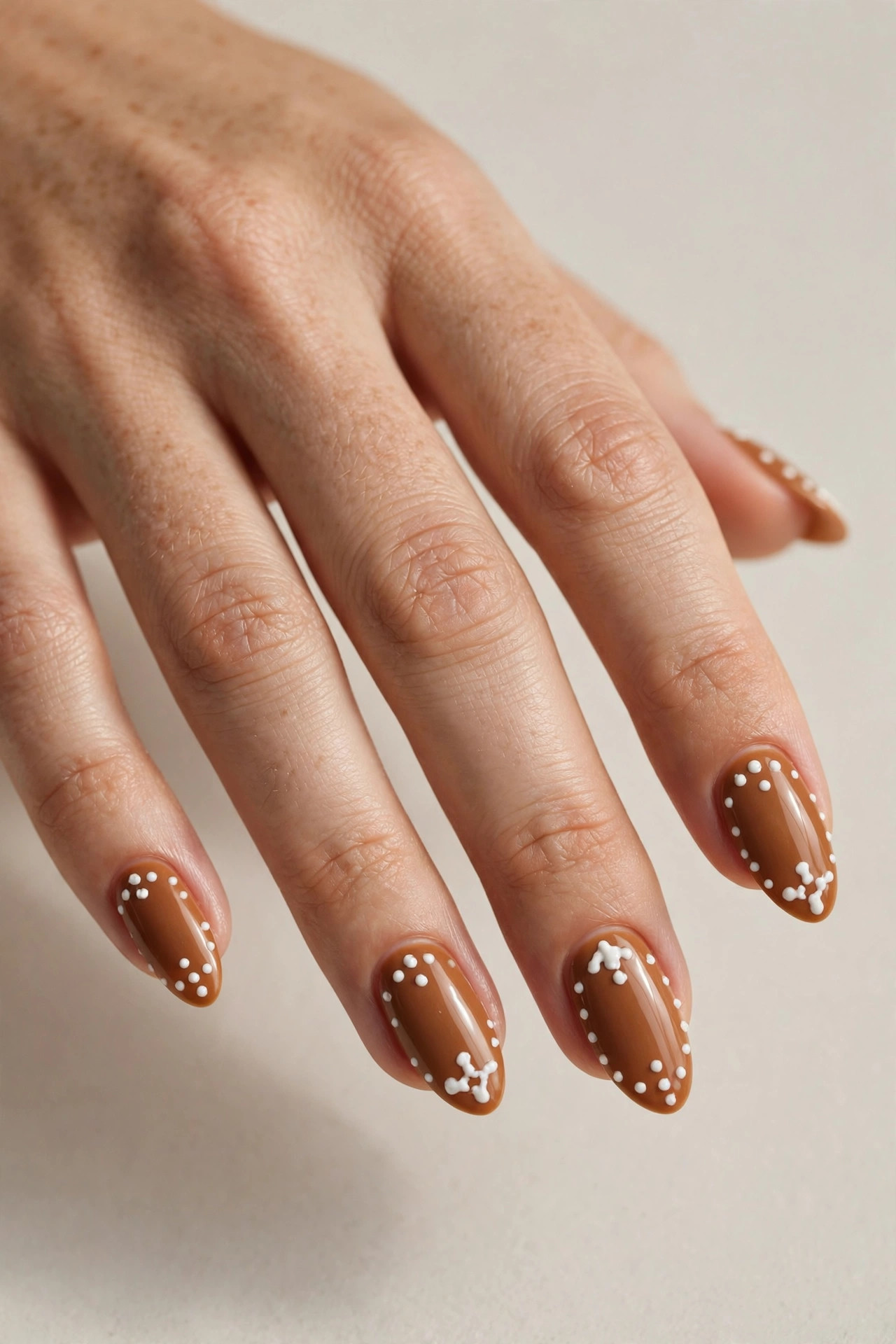 Close-up of a woman's hand with warm gingerbread brown nails with white icing-like dots