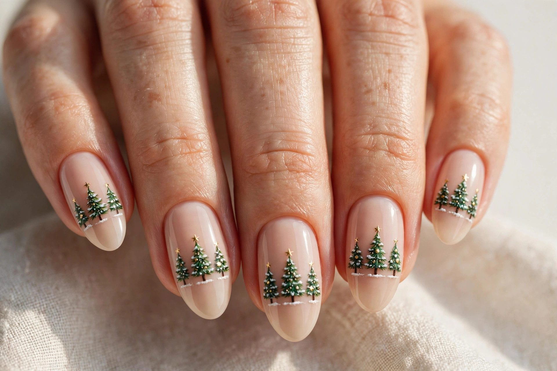 Tiny forest of mini Christmas trees nail art on nude base