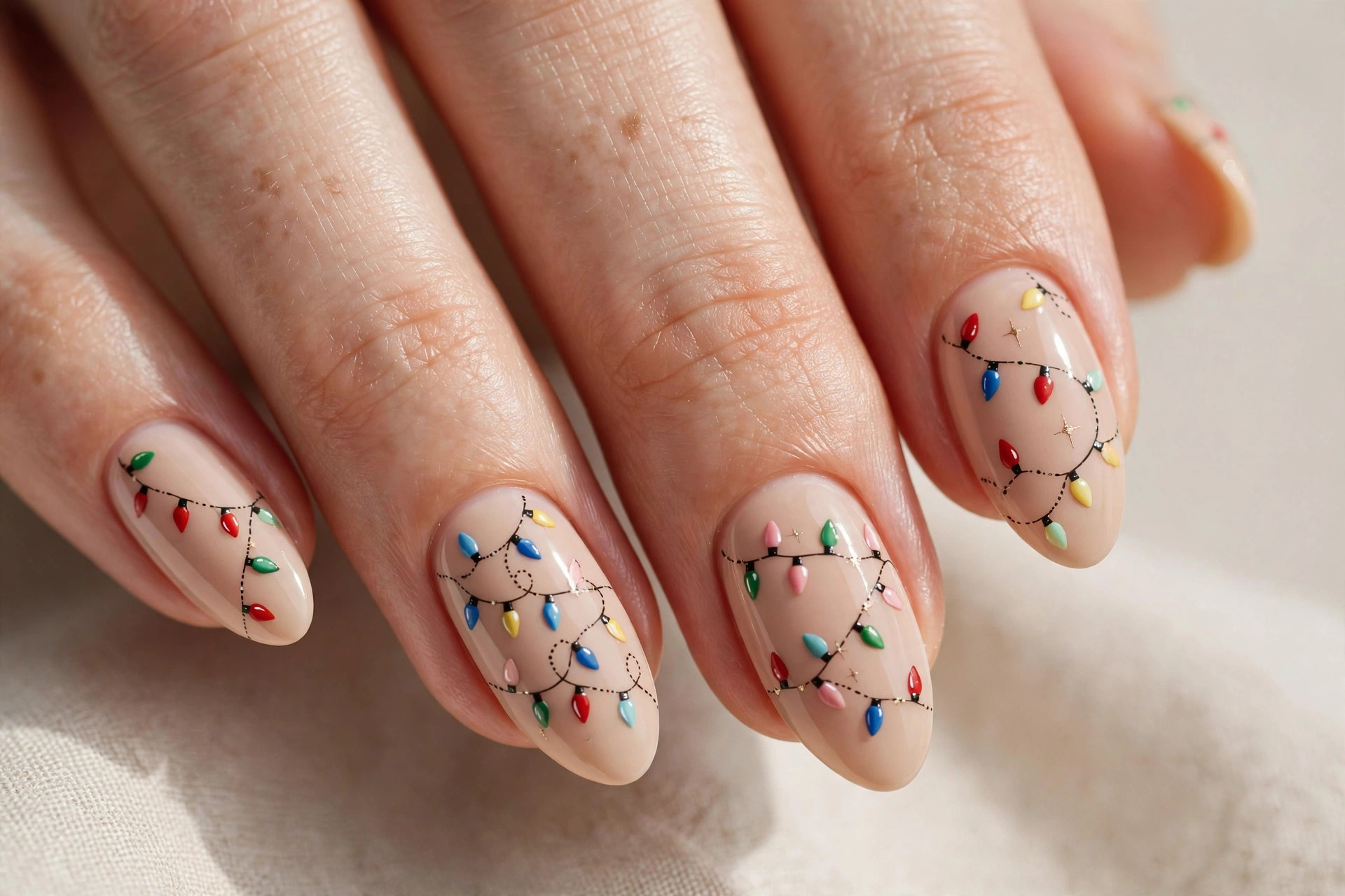 Close-up of a woman's hand with nude nails and colorful Christmas lights string nail art