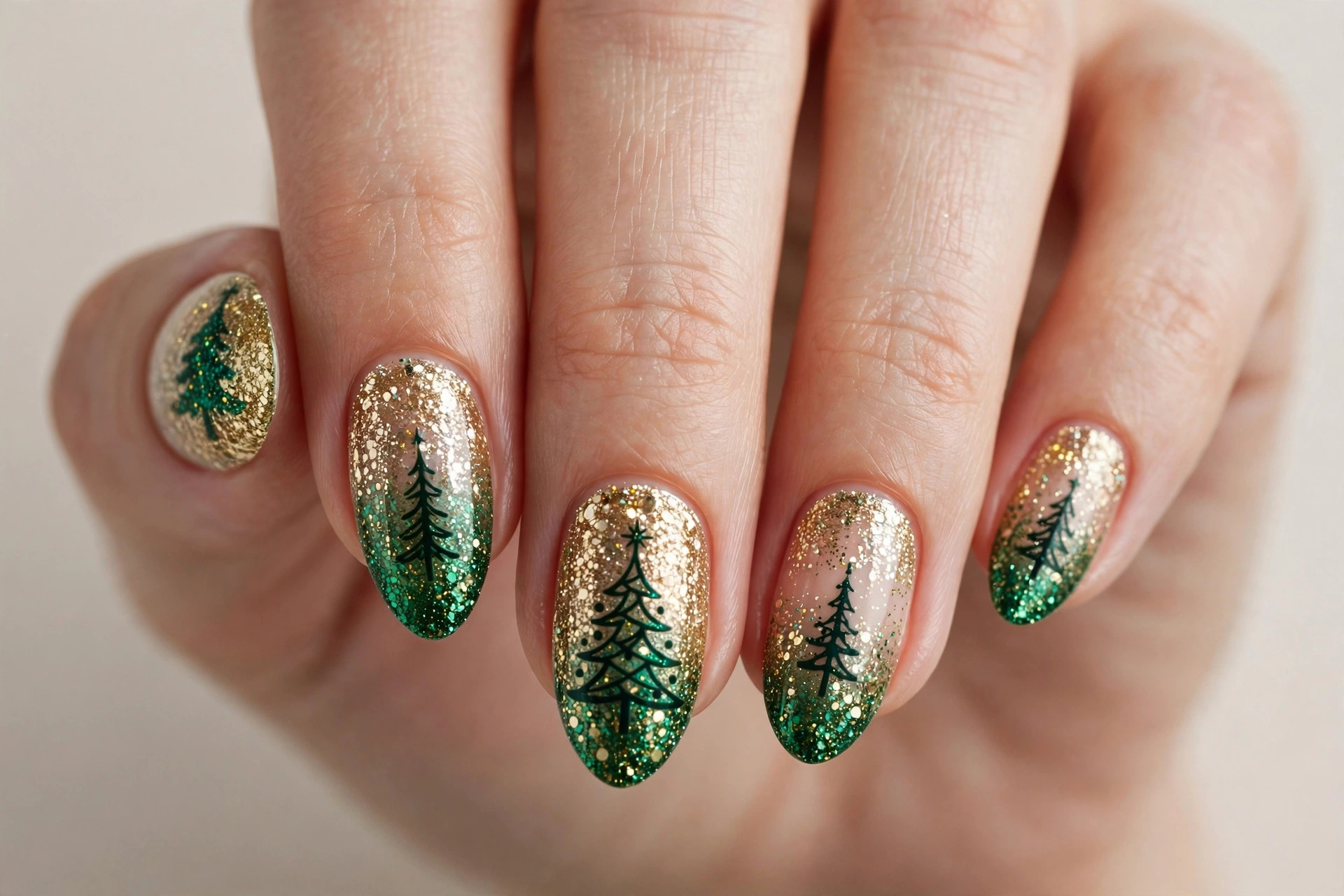 Glitter ombre Christmas tree nail art with gold-to-emerald sparkle