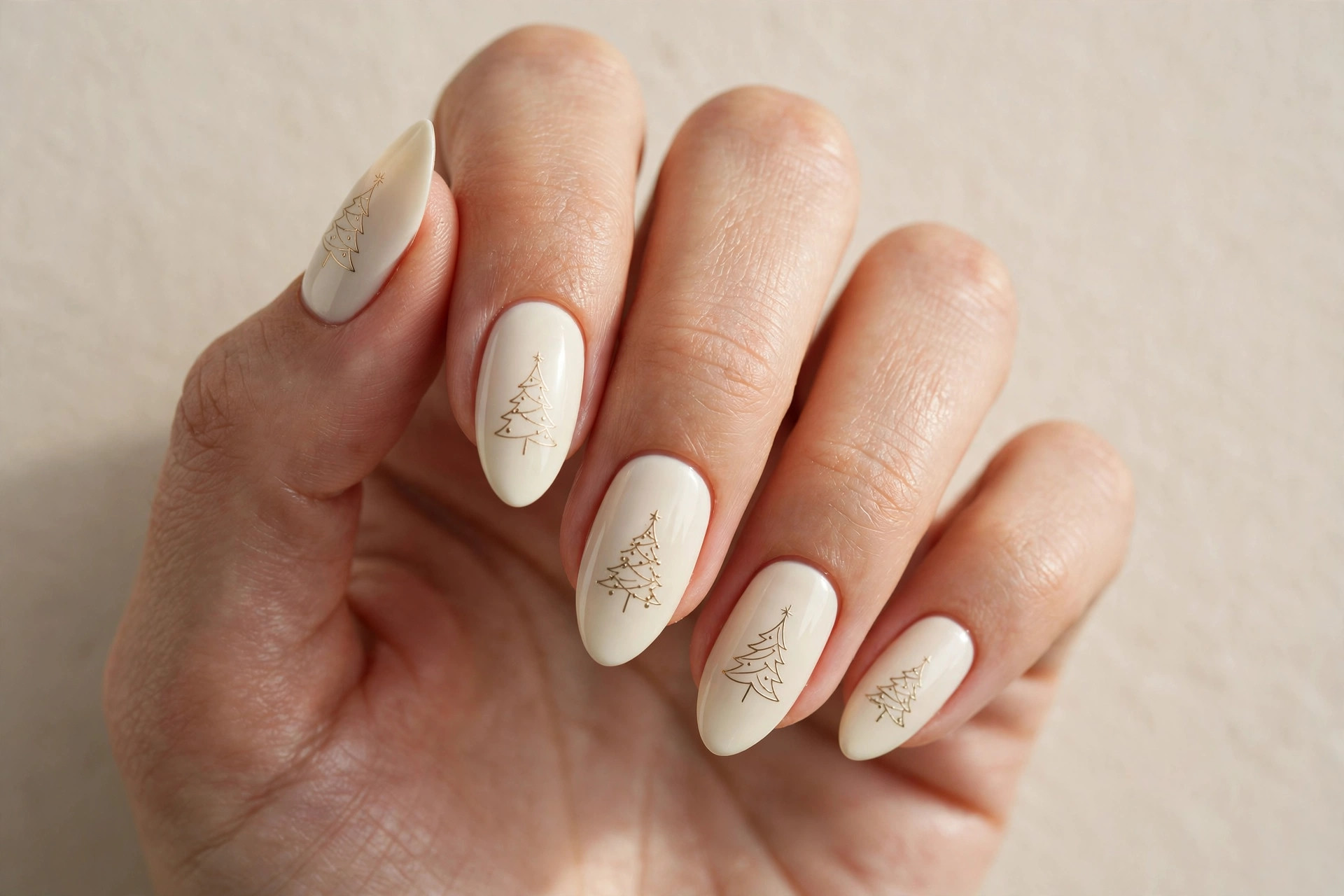 Close-up of a woman's hand with creamy ivory nails and subtle gold Christmas tree silhouette art