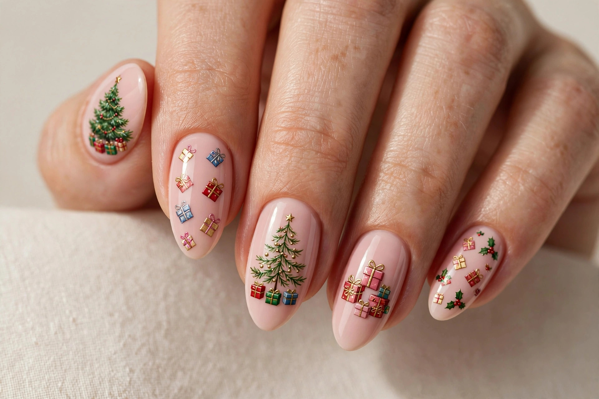 Christmas tree with tiny wrapped gift presents nail art on blush pink base