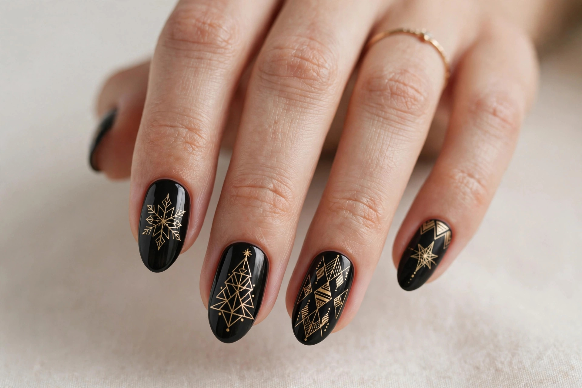 Close-up of a woman's hand with black nails and elegant gold geometric Christmas art