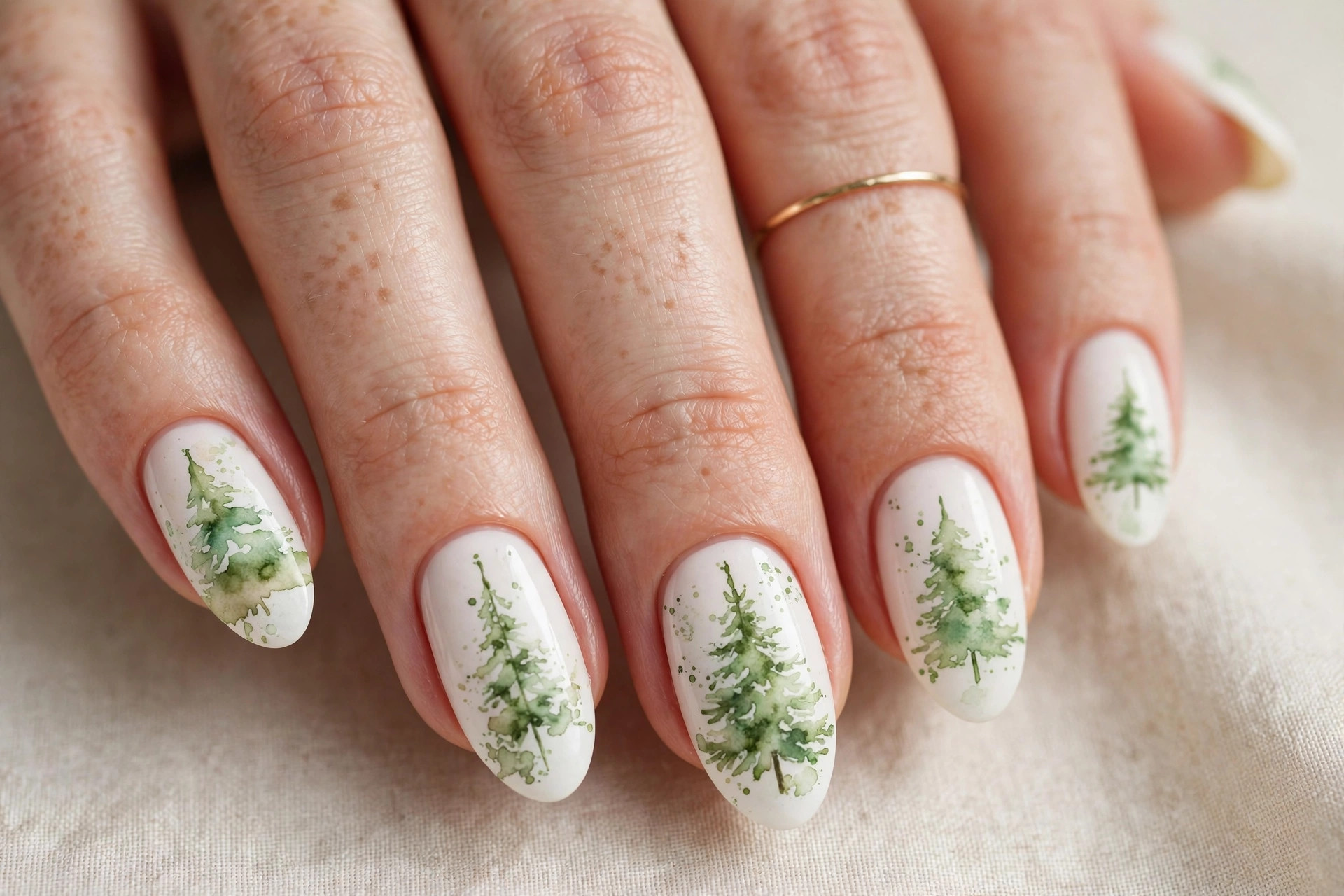 Watercolor Christmas tree nail art in soft green washes on white base