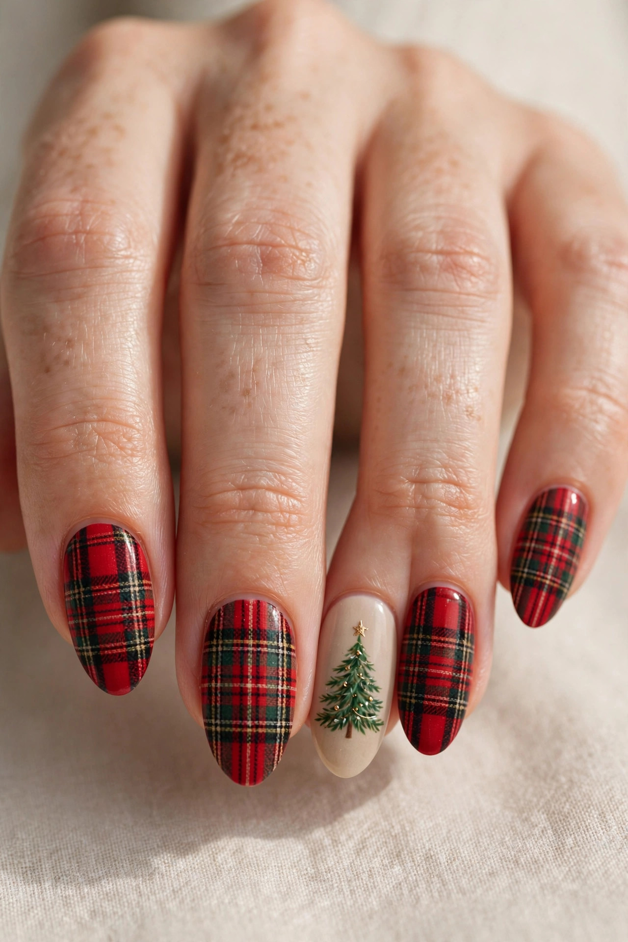 Rustic red plaid with small green Christmas tree accent nail art