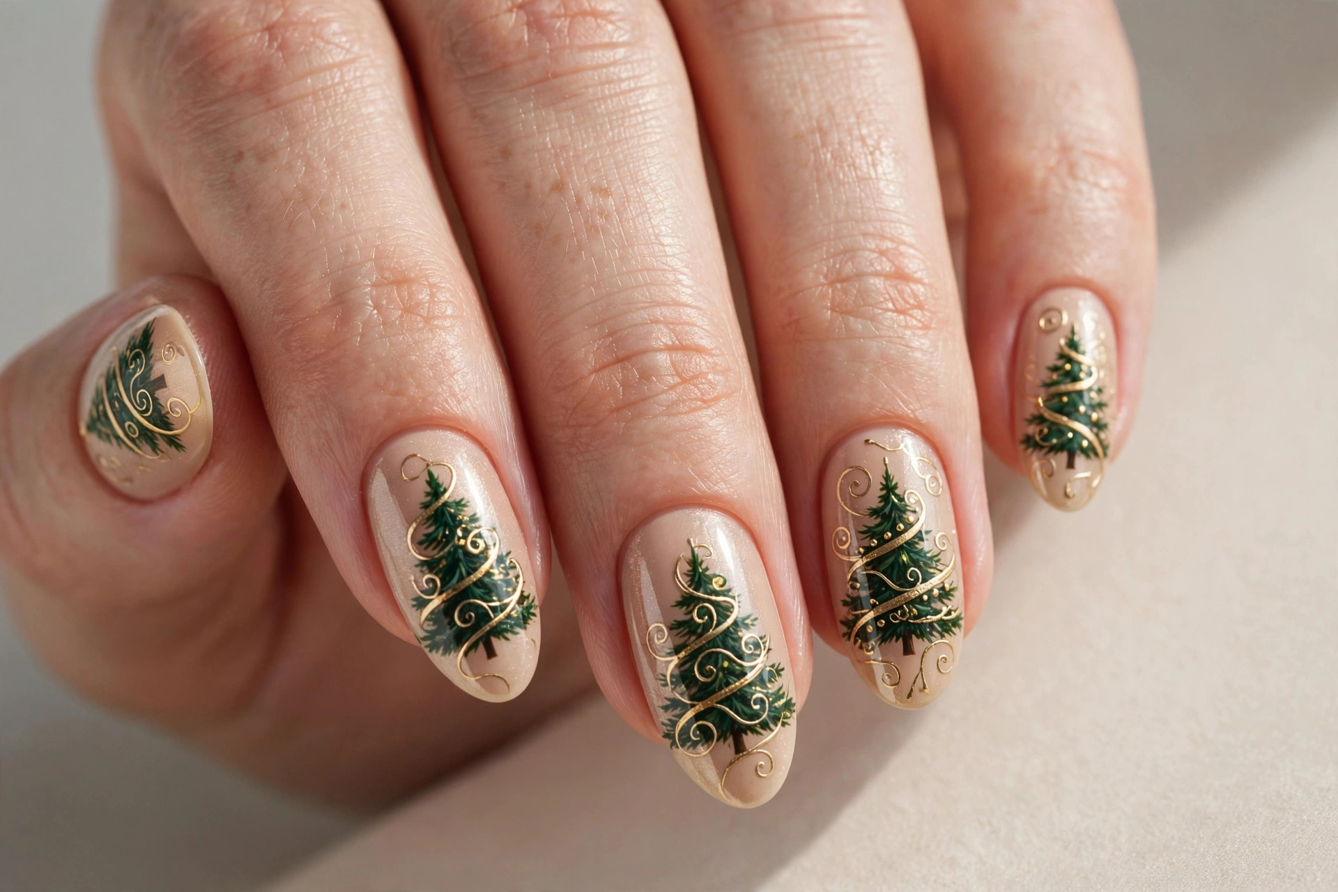Christmas tree nail art with gold ribbon swirls on champagne base