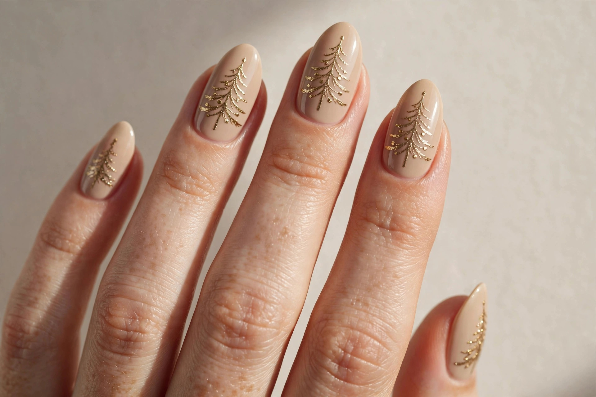 Champagne gold metallic Christmas tree nail art on beige base