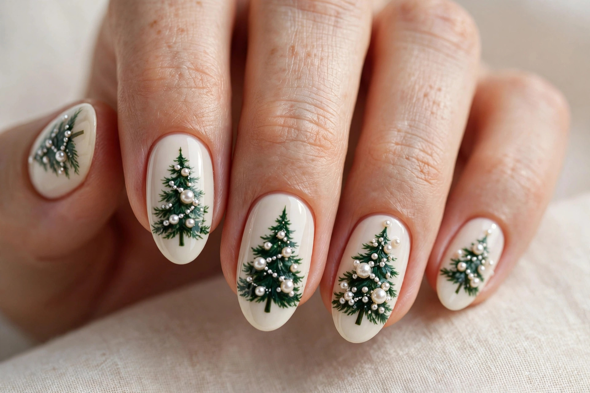Forest green Christmas tree nail art decorated with tiny pearls on ivory base