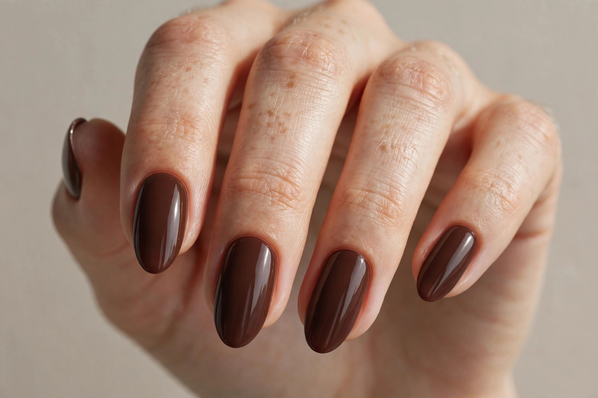 Rich chocolate brown manicure on almond shaped nails
