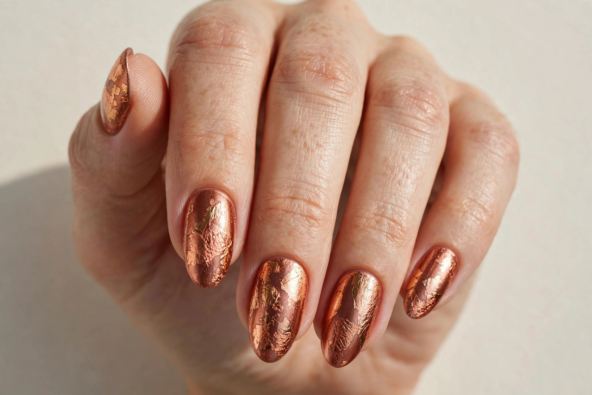 Copper metallic foil manicure on almond shaped nails