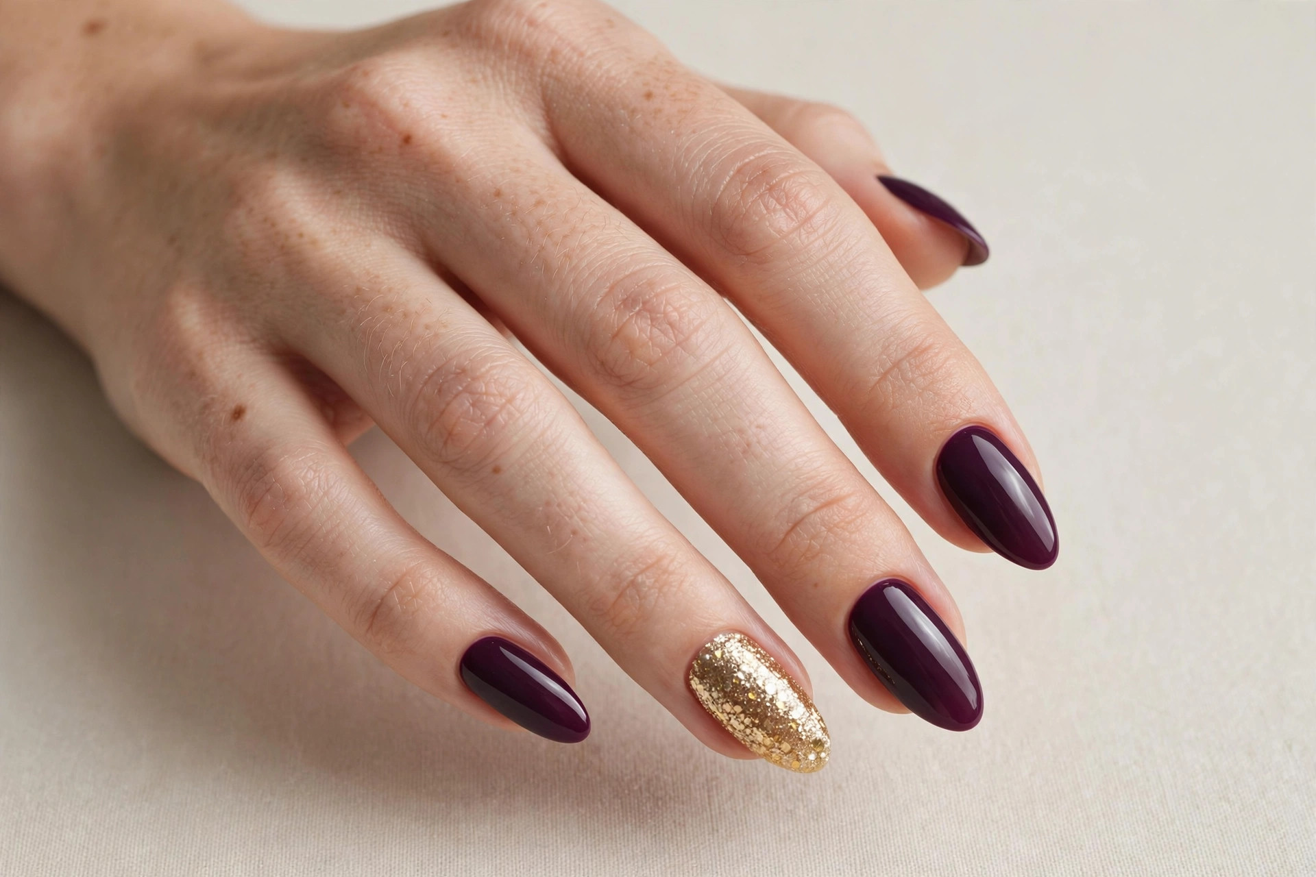 Plum nails with gold glitter accent nail on almond shaped nails
