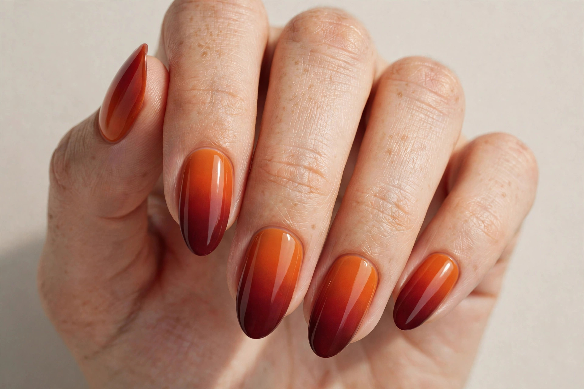 Sunset ombre manicure blending burnt orange into burgundy on almond nails