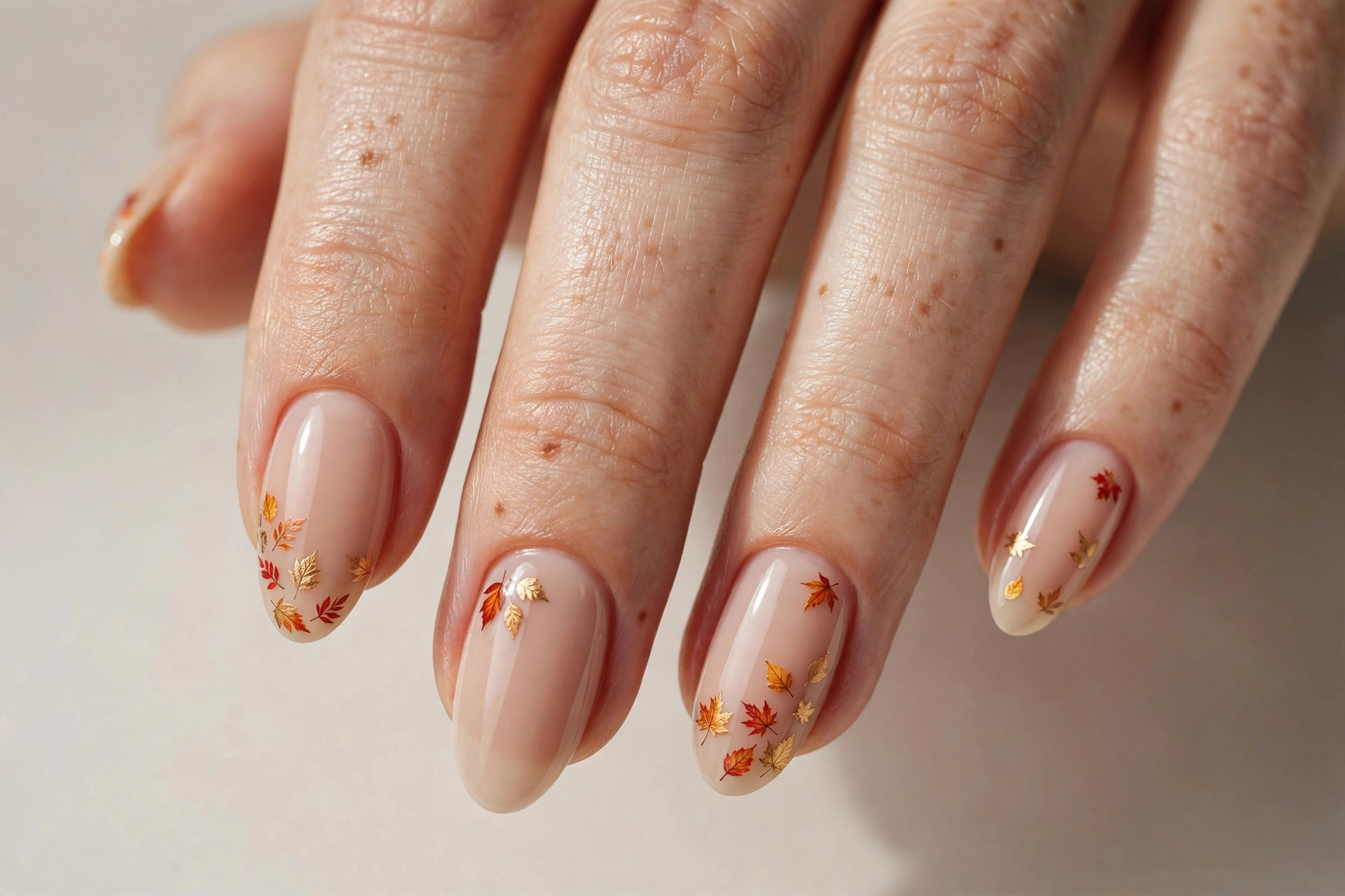 Nude nails with hand-painted tiny autumn leaves in red orange and gold