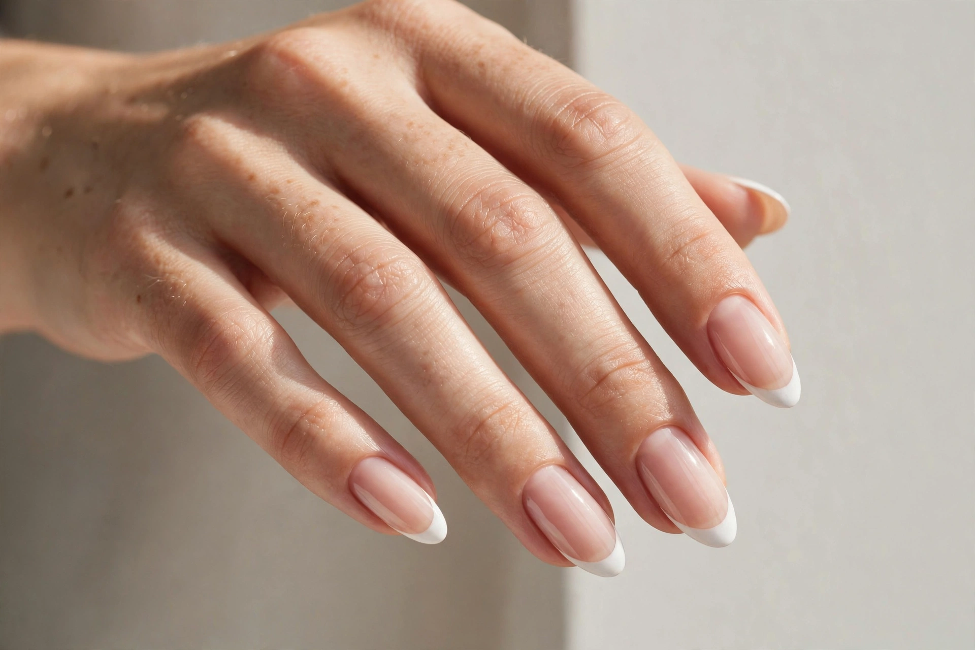 Classic French tip manicure with white tips on almond nails