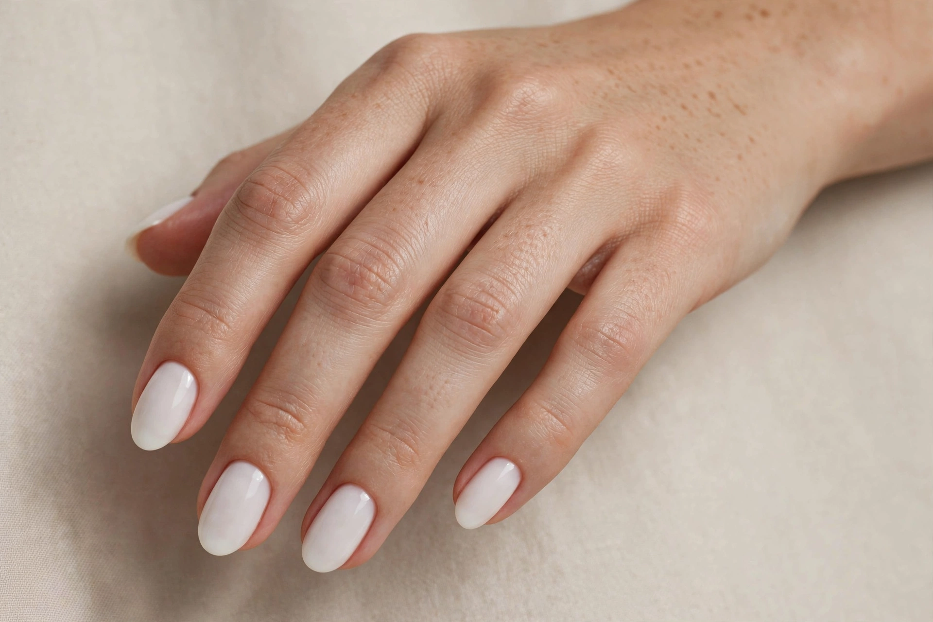 Milky white minimalist nail manicure close-up