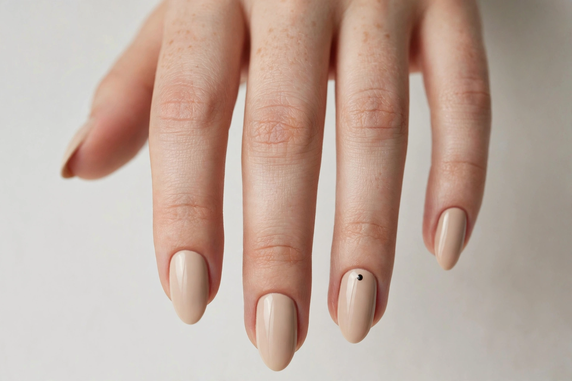 Beige nude nails with single black dot accent on ring fingers