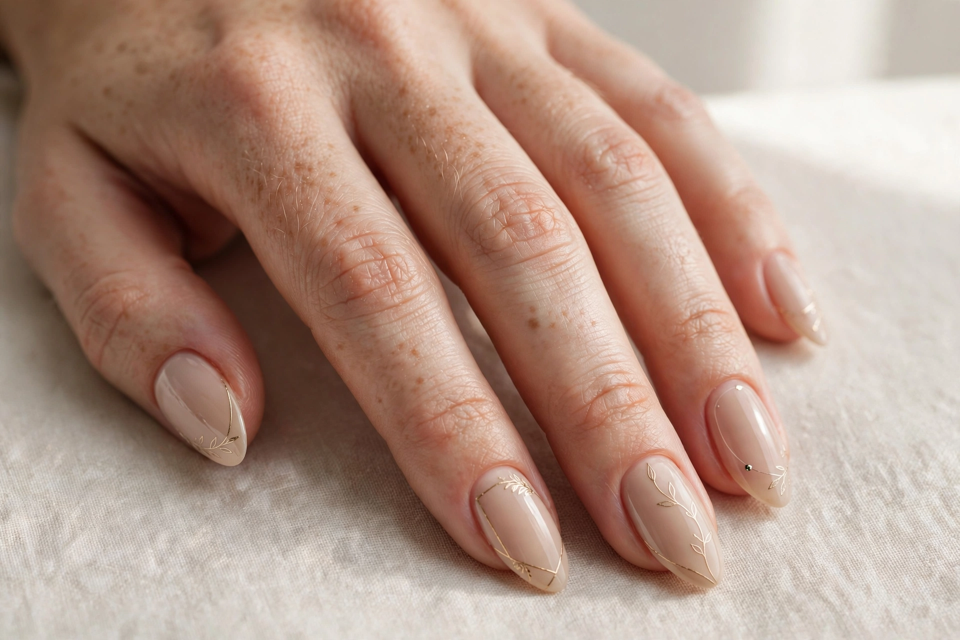 Nude nails with thin gold line art design