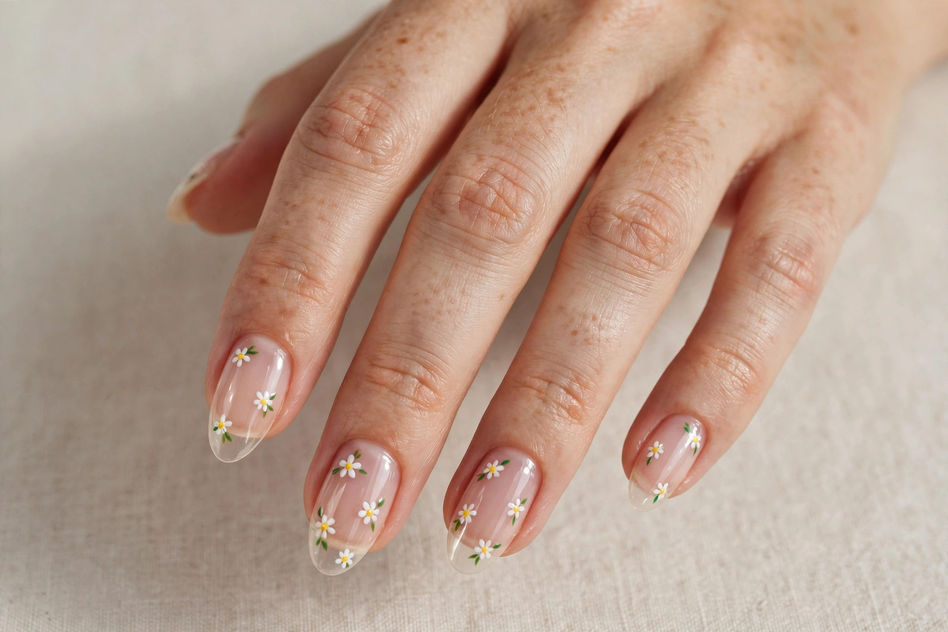 Sheer nails with tiny white daisy flower accents