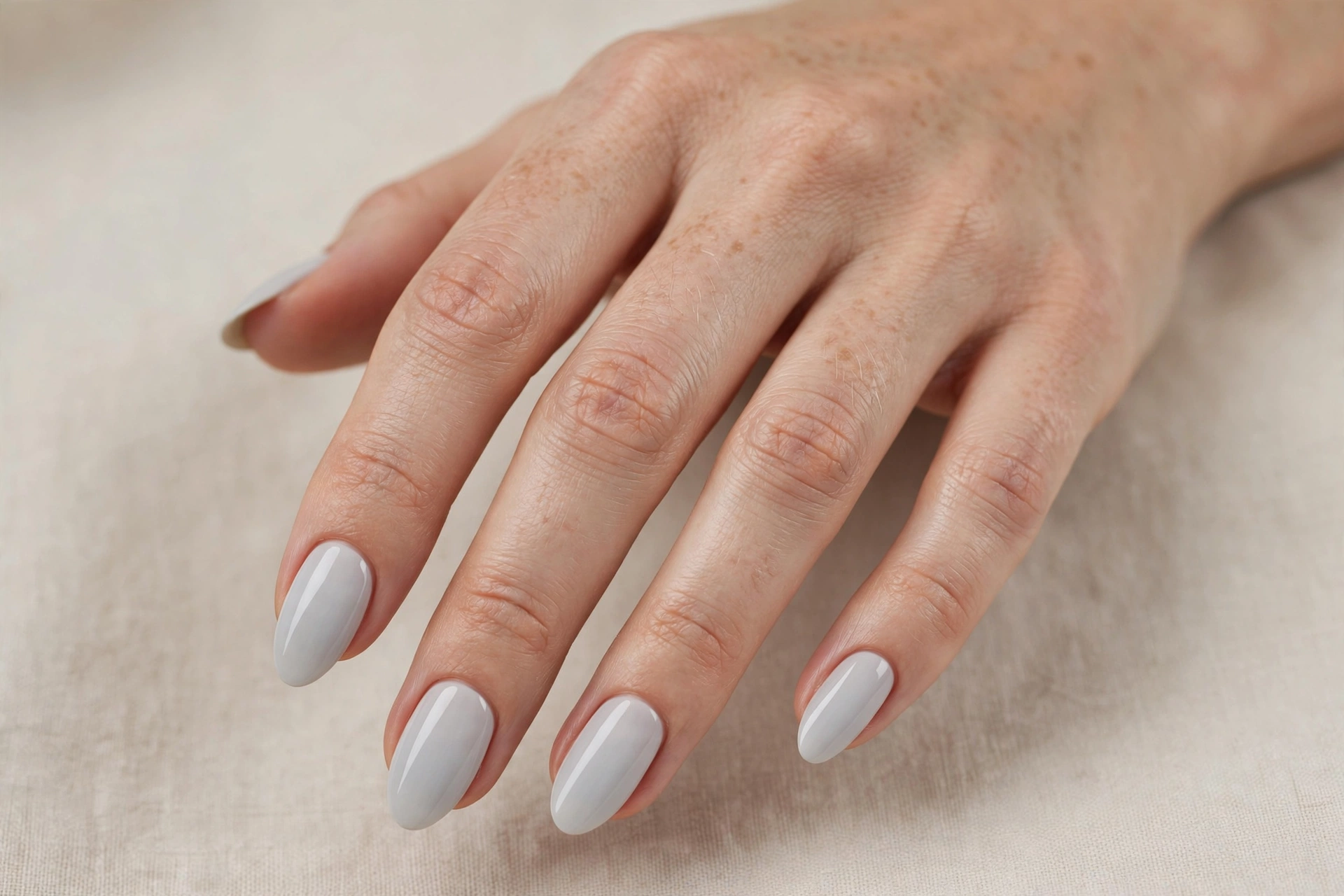 Pale grey minimalist manicure on almond nails