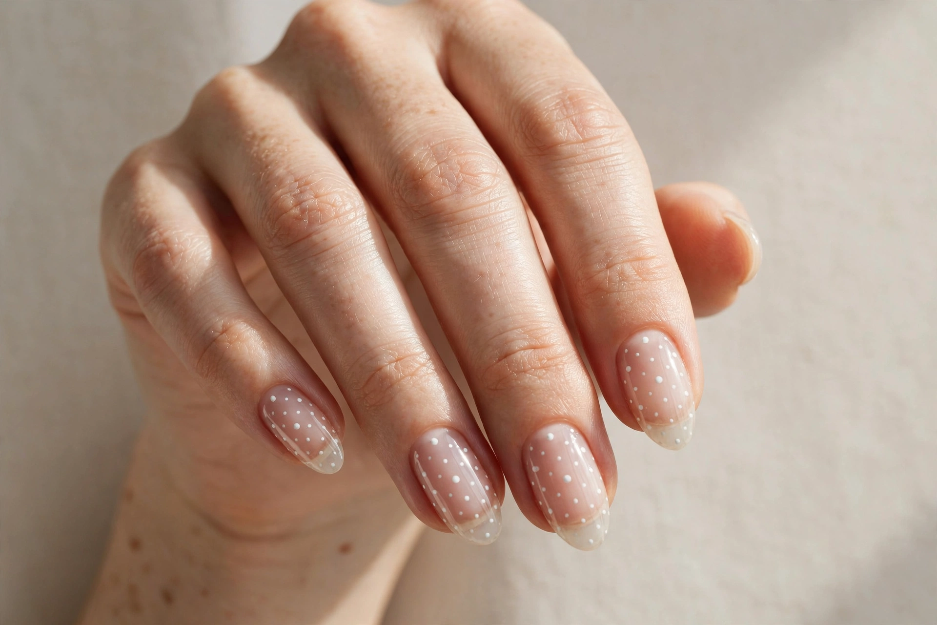 Clear nails with tiny white polka dot accents