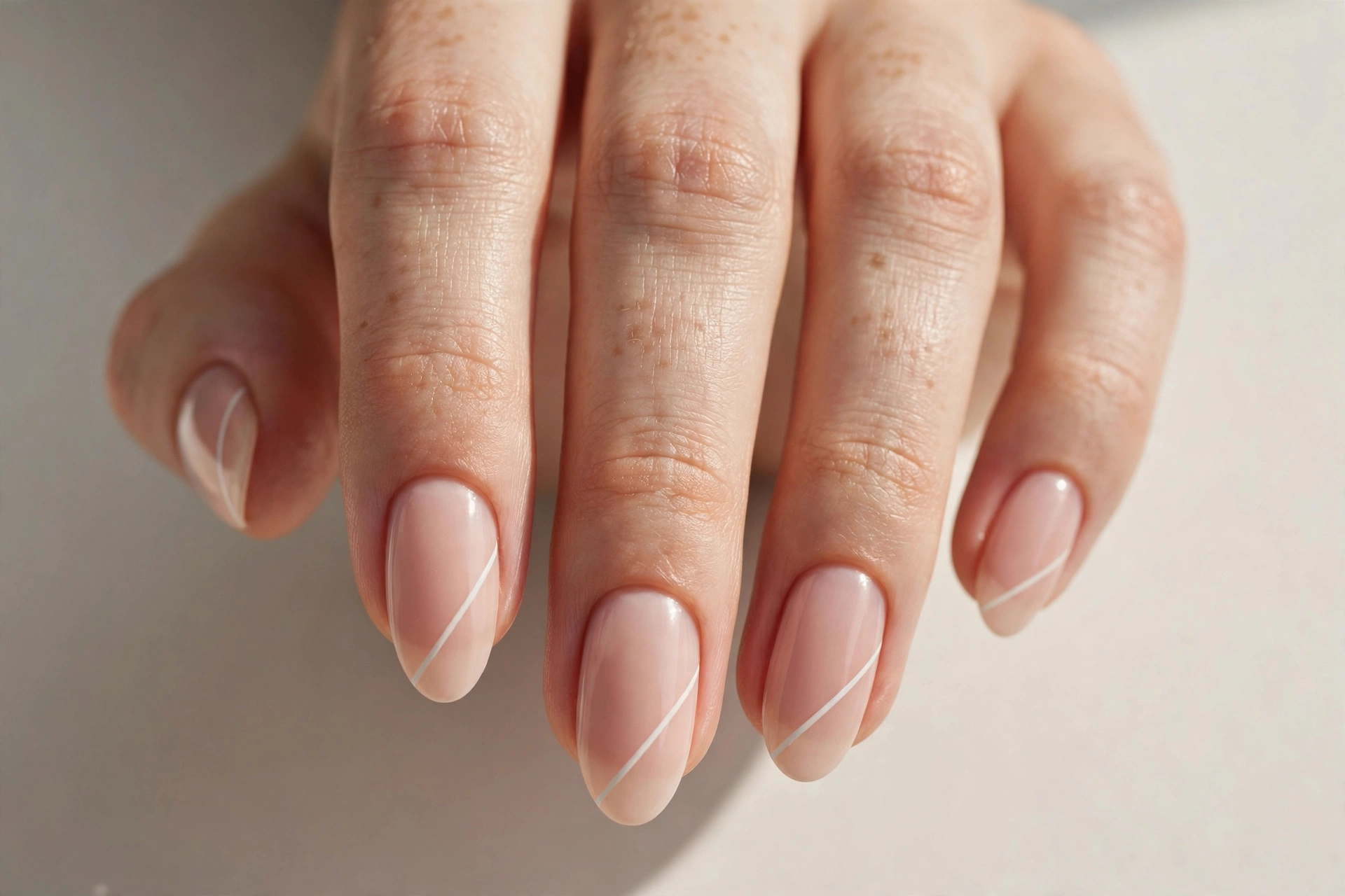 Nude nails with diagonal white French tip lines